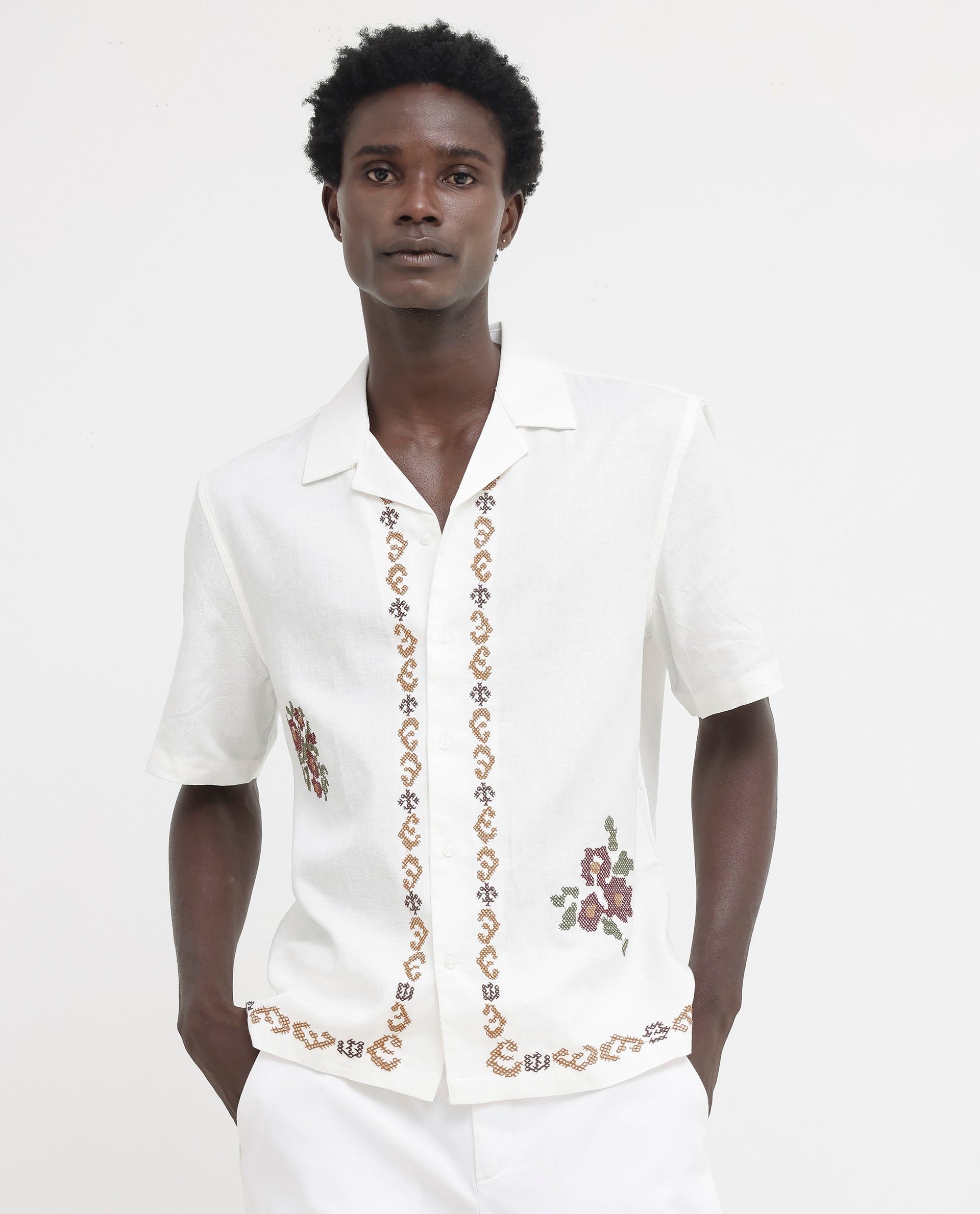 Rare Rabbit Mens Casabo Off White Cuban Collar Linen Blend Short Sleeve Boxy Fit Floral Print Shirt