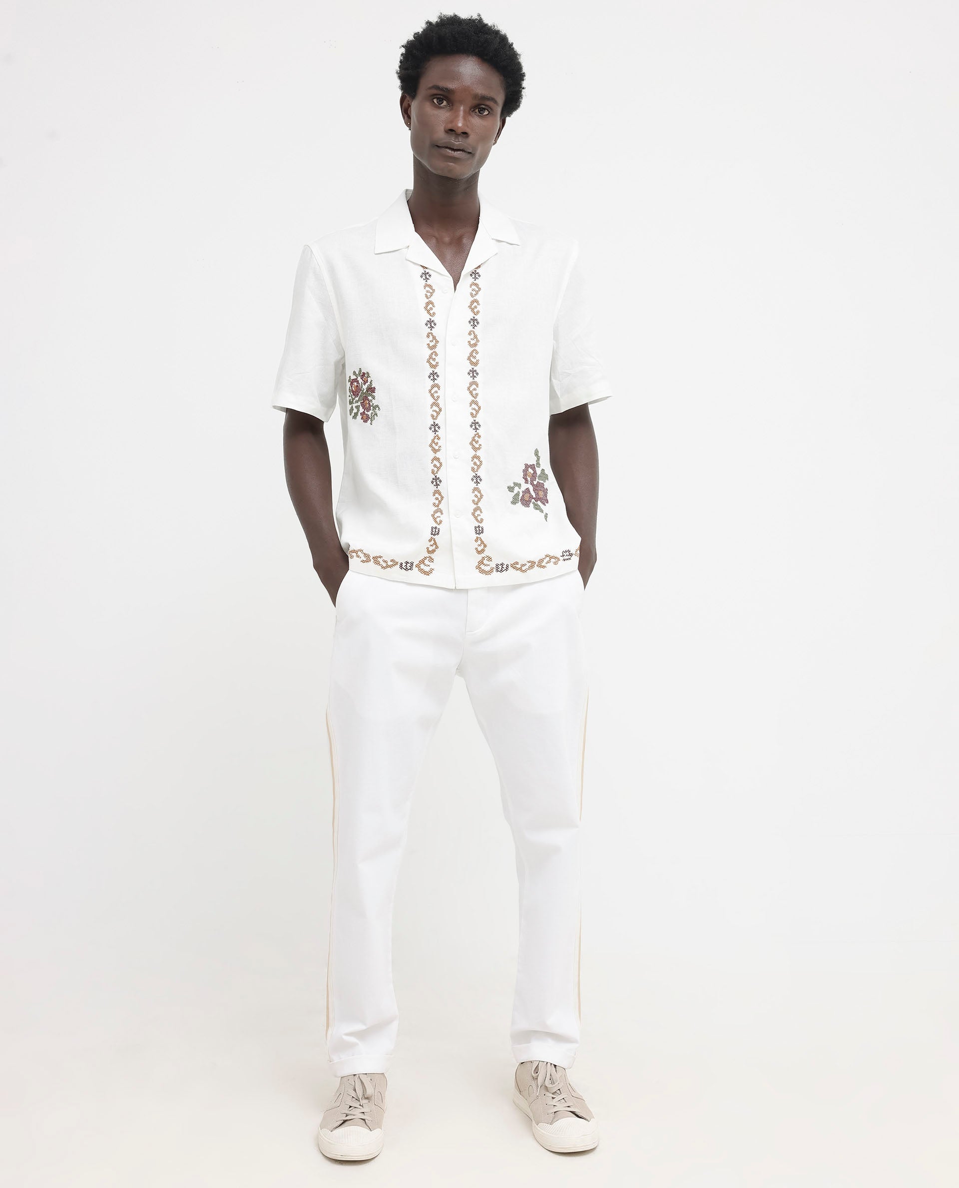 Rare Rabbit Mens Casabo Off White Cuban Collar Linen Blend Short Sleeve Boxy Fit Floral Print Shirt