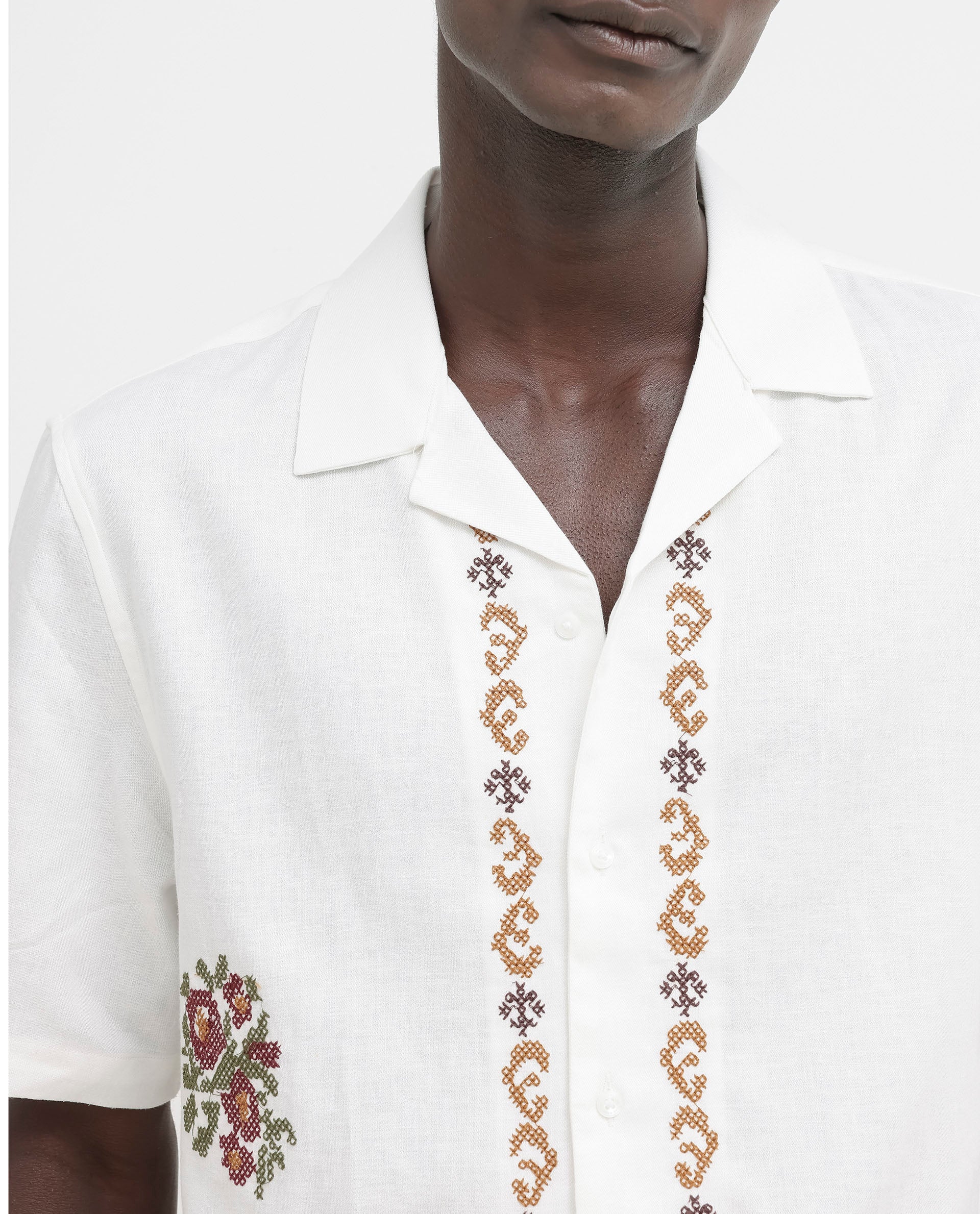 Rare Rabbit Mens Casabo Off White Cuban Collar Linen Blend Short Sleeve Boxy Fit Floral Print Shirt