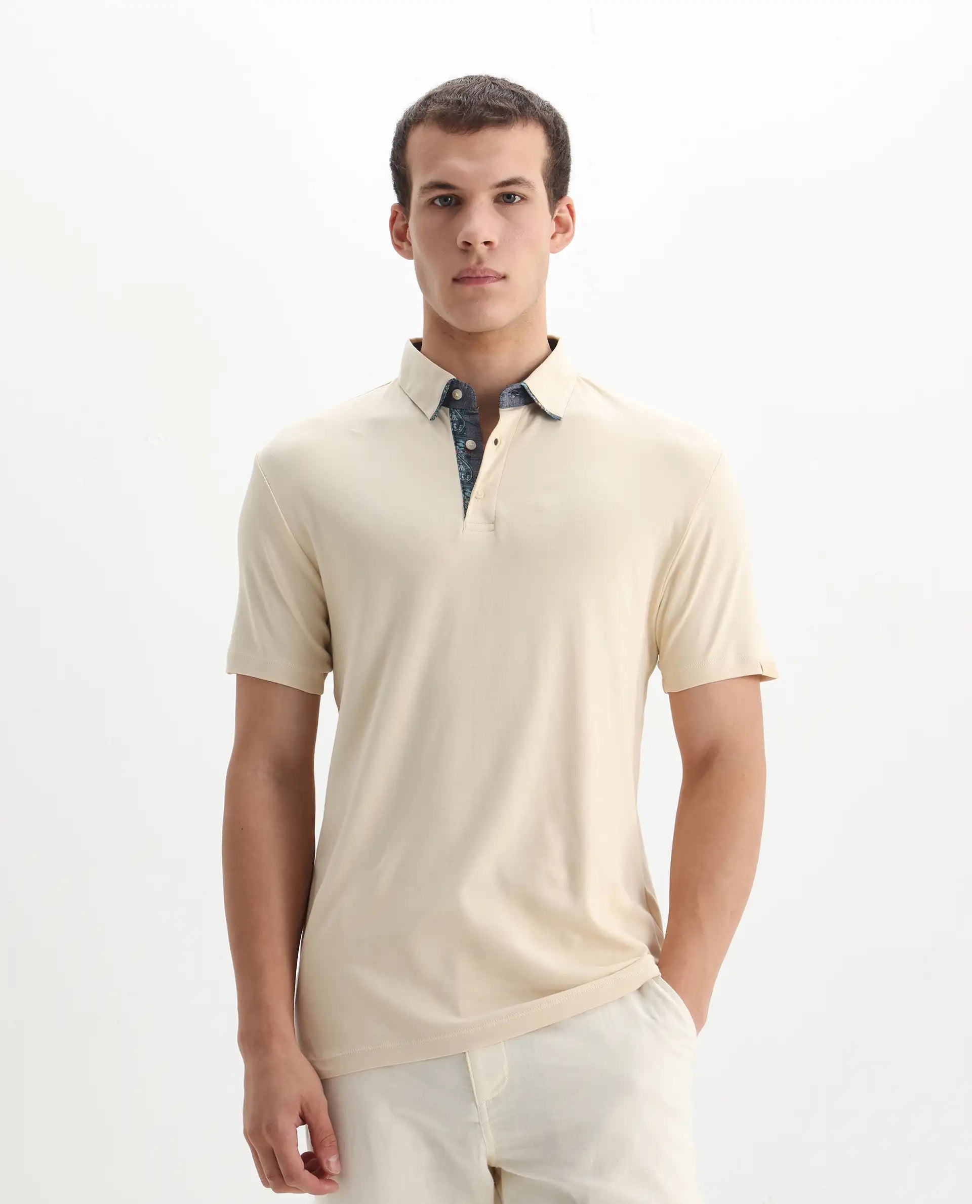 Rare Rabbit Men's Casca Dark Beige Cotton Plain Regular Fit Half Sleeve Polo