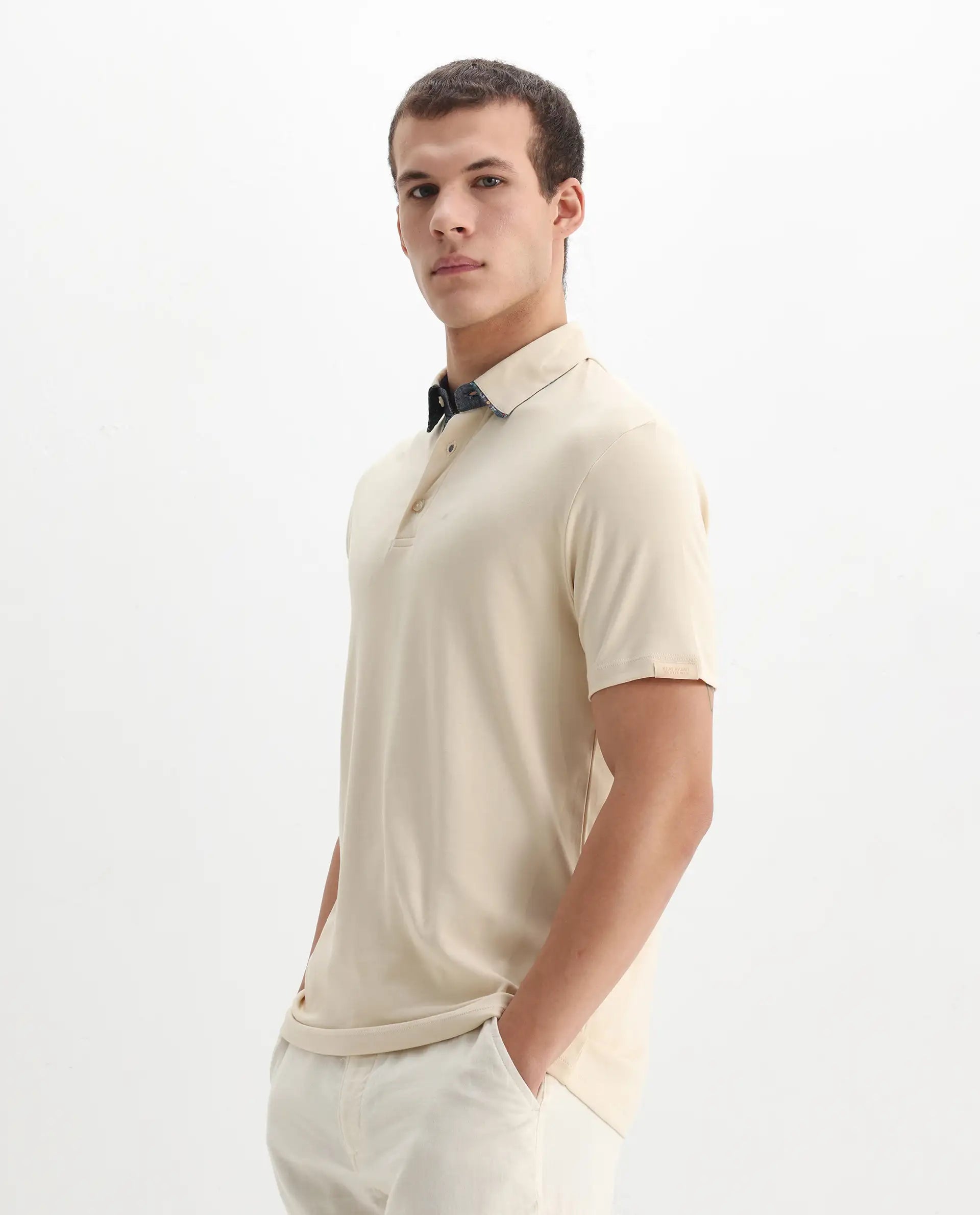 Rare Rabbit Men's Casca Dark Beige Cotton Plain Regular Fit Half Sleeve Polo