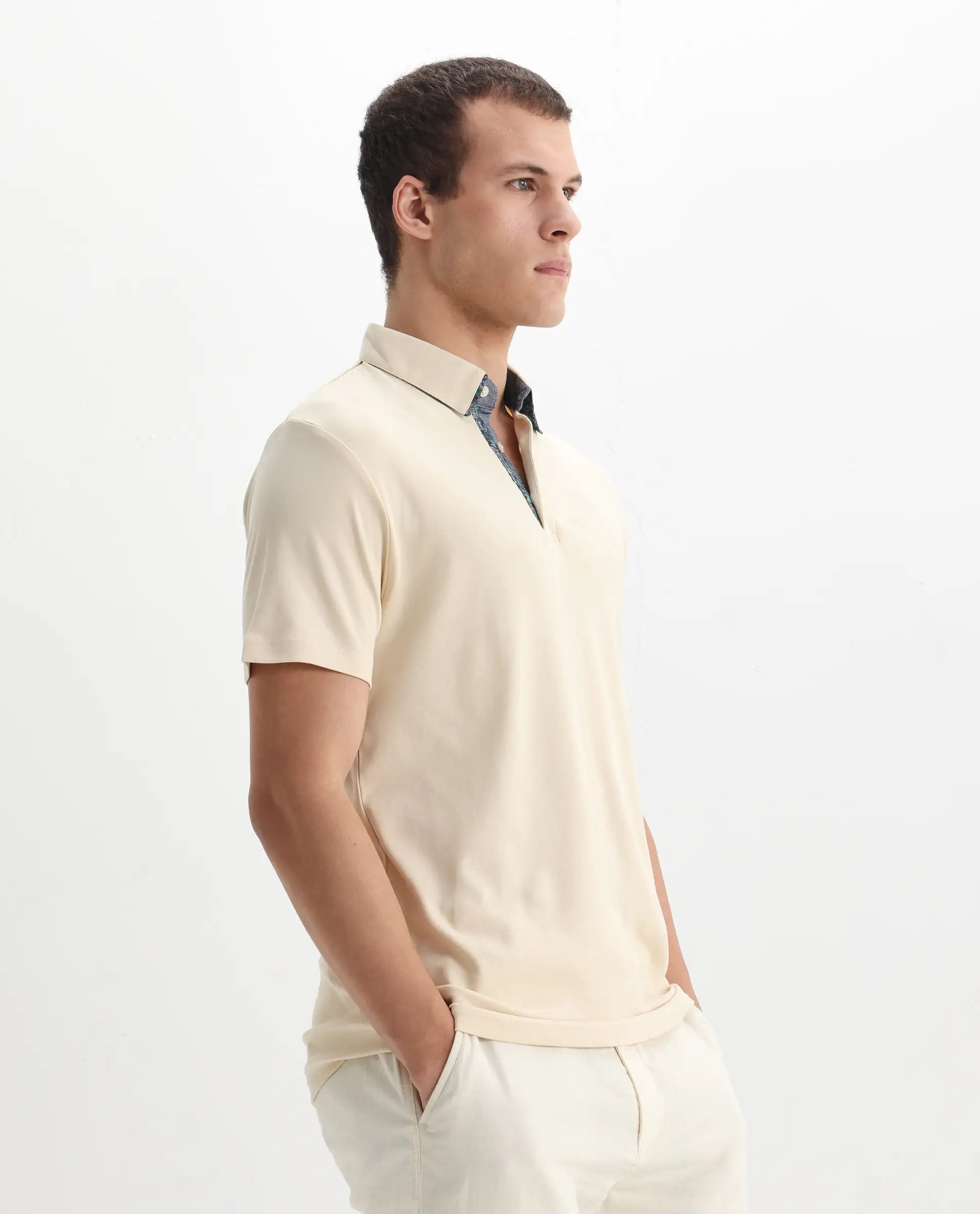 Rare Rabbit Men's Casca Dark Beige Cotton Plain Regular Fit Half Sleeve Polo