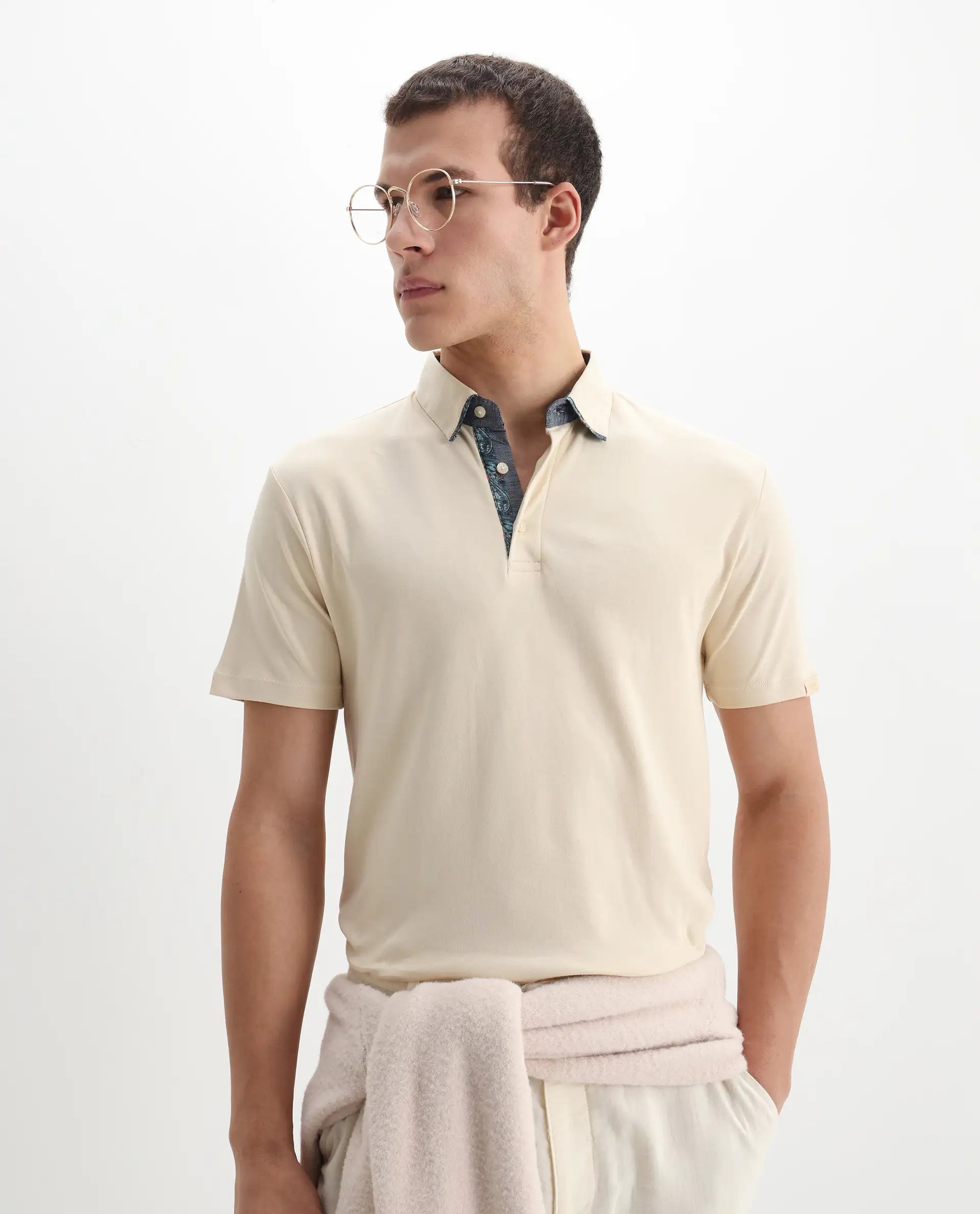 Rare Rabbit Men's Casca Dark Beige Cotton Plain Regular Fit Half Sleeve Polo
