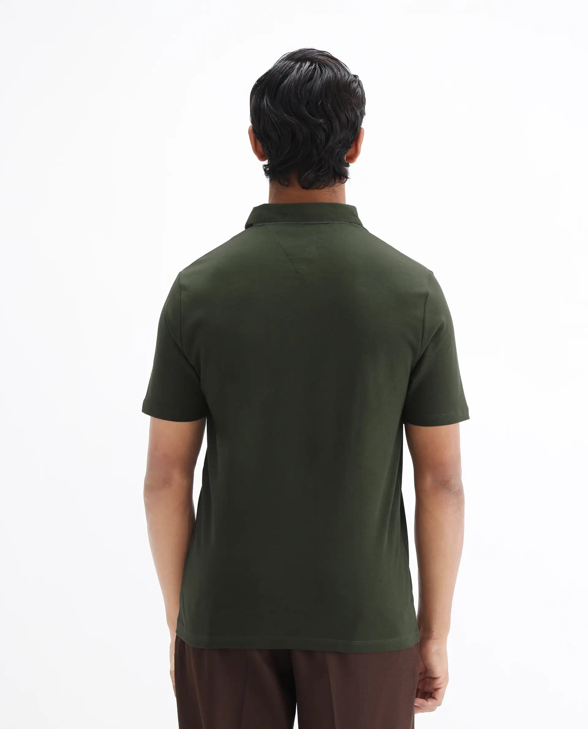 Rare Rabbit Men's Casca Dark Olive Cotton Plain Regular Fit Half Sleeve Polo