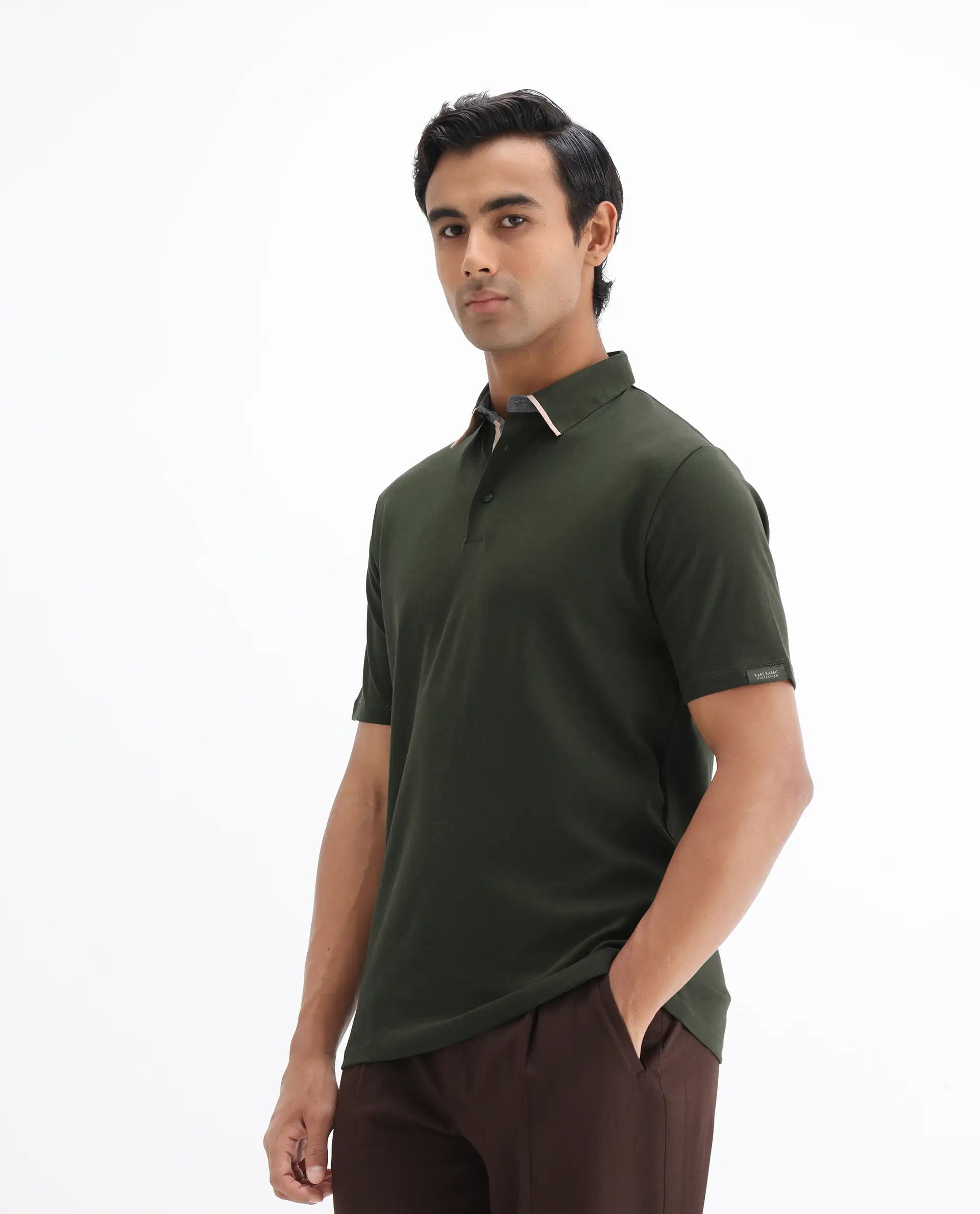 Rare Rabbit Men's Casca Dark Olive Cotton Plain Regular Fit Half Sleeve Polo