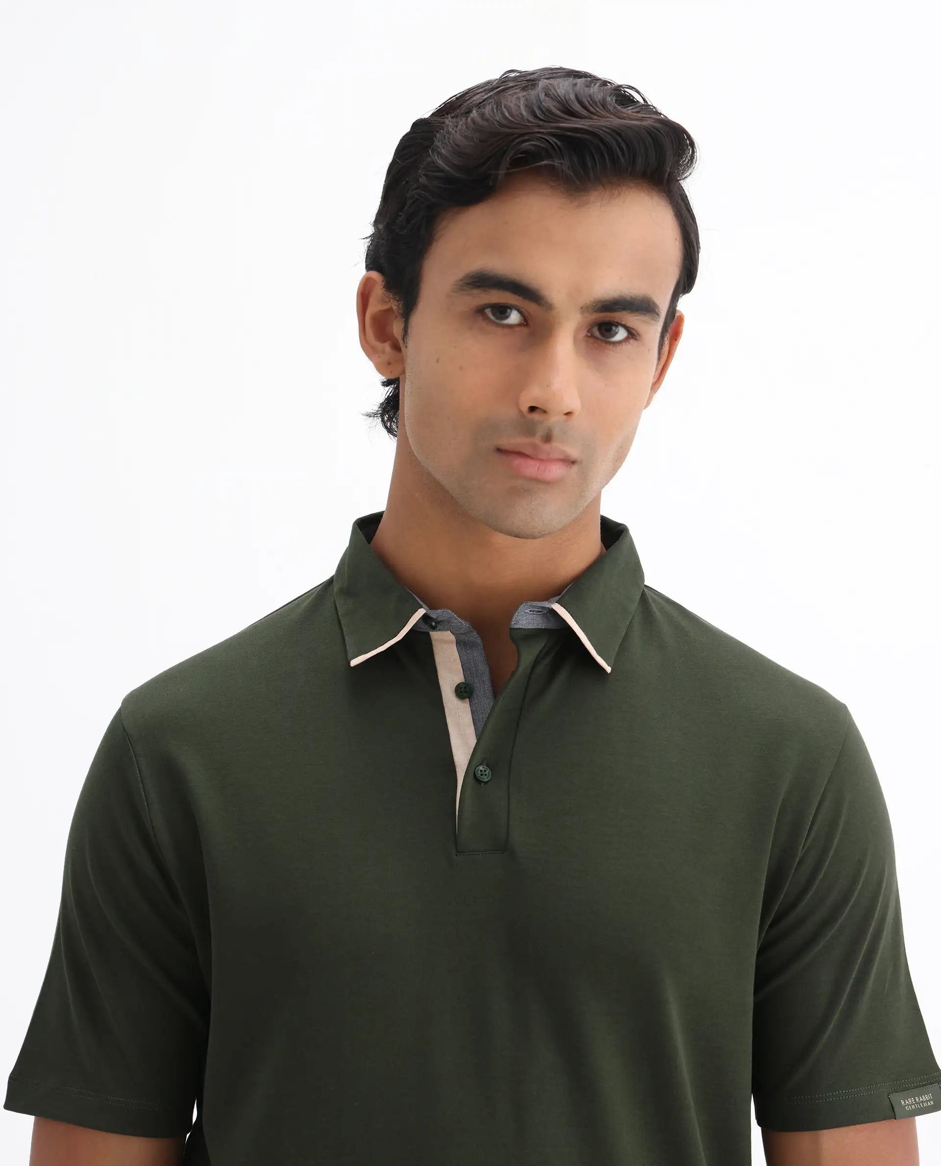 Rare Rabbit Men's Casca Dark Olive Cotton Plain Regular Fit Half Sleeve Polo