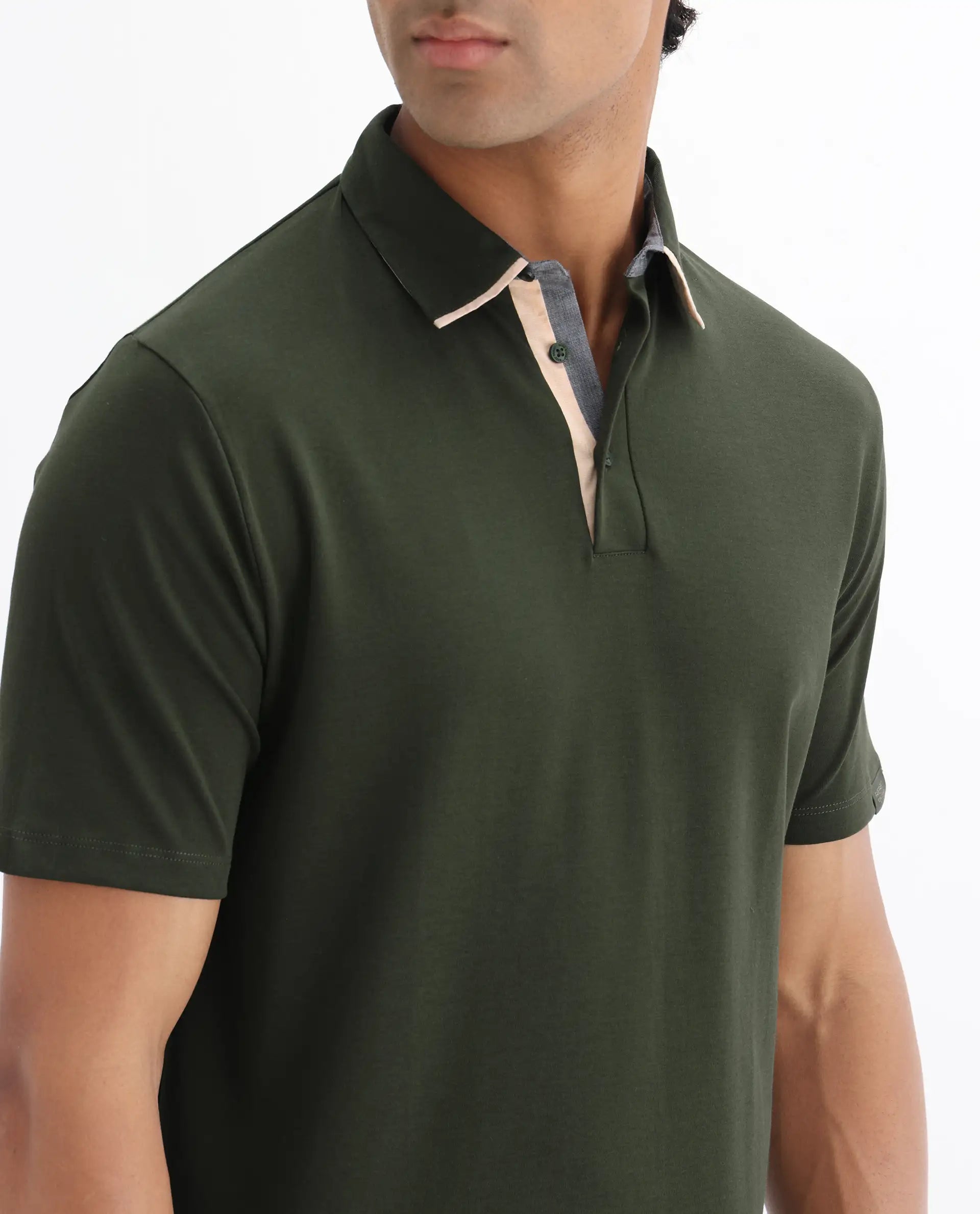 Rare Rabbit Men's Casca Dark Olive Cotton Plain Regular Fit Half Sleeve Polo