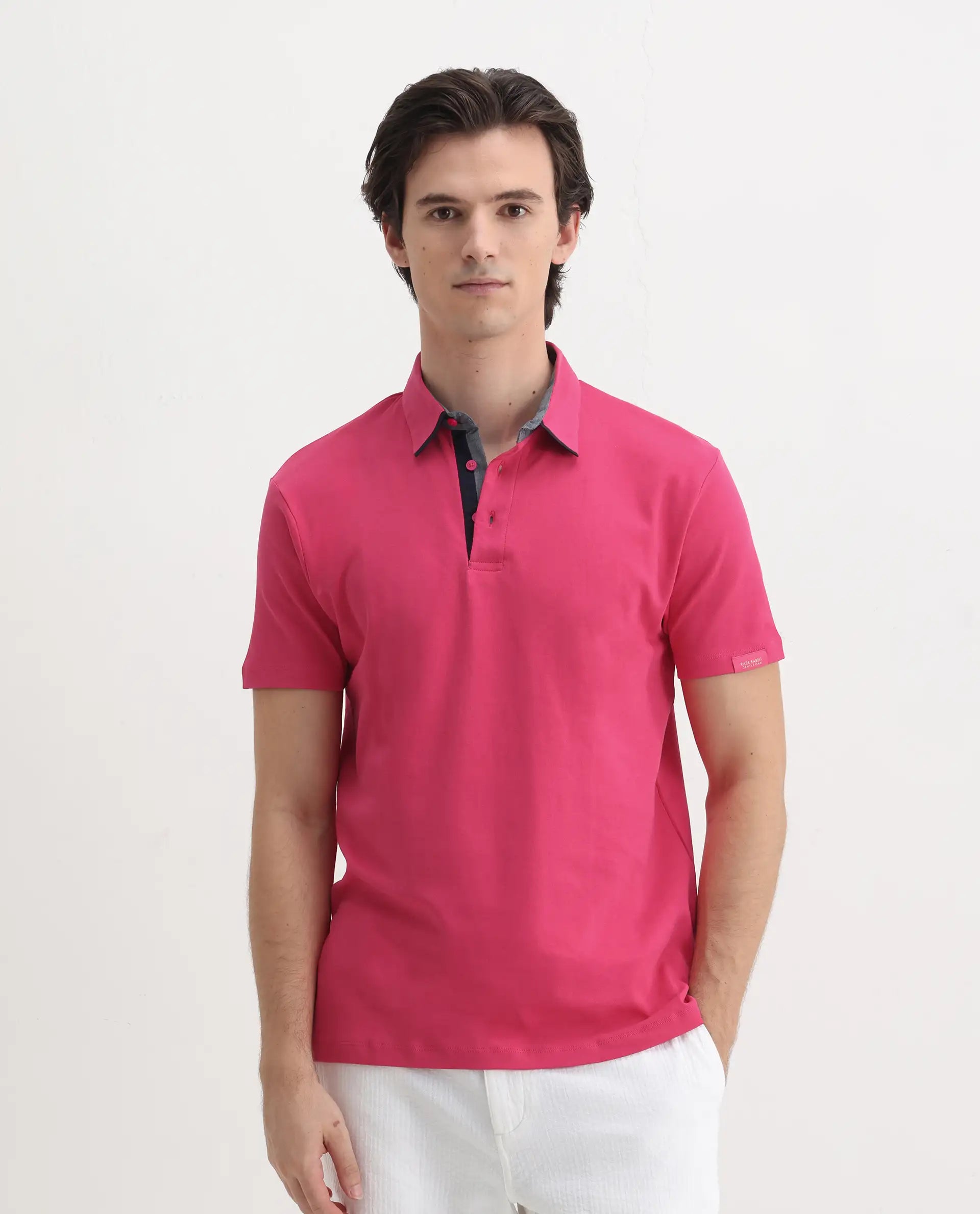 Rare Rabbit Men's Casca Flouroscent Red Cotton Plain Regular Fit Half Sleeve Polo