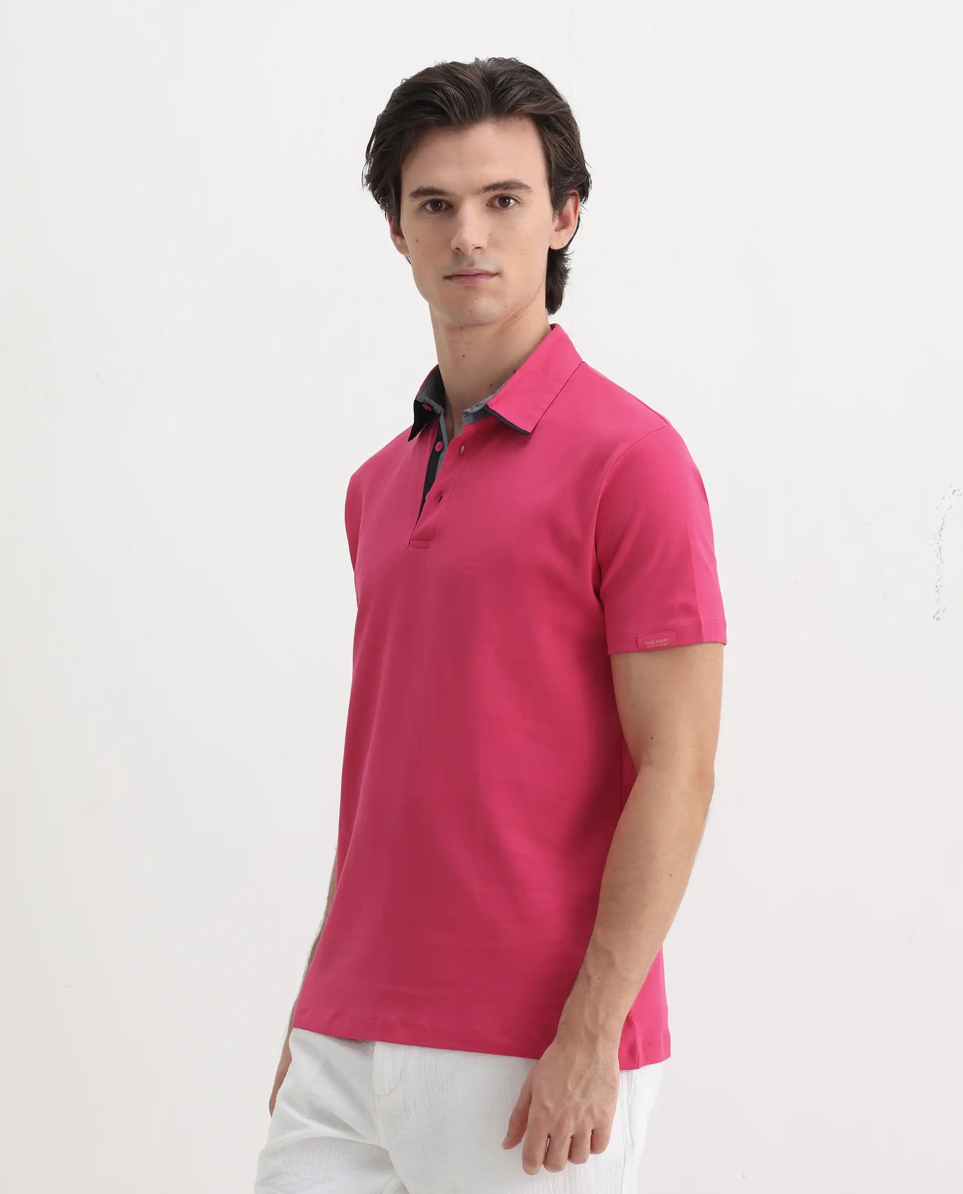 Rare Rabbit Men's Casca Flouroscent Red Cotton Plain Regular Fit Half Sleeve Polo