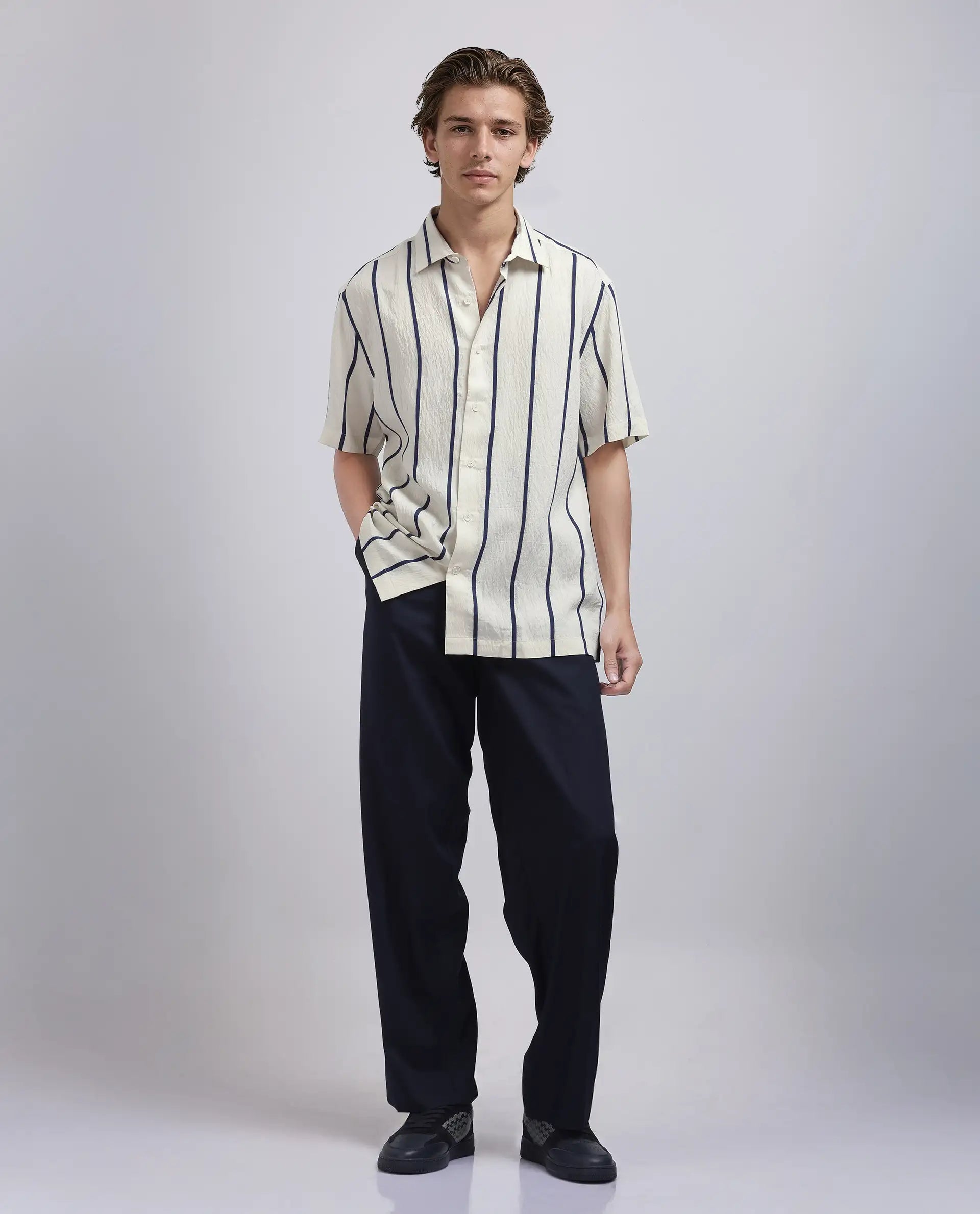 Rare Rabbit Men's Cask Navy Viscose Nylon Fabric Half Sleeve Spread Collar Button Closure Relaxed Fit Striped Shirt