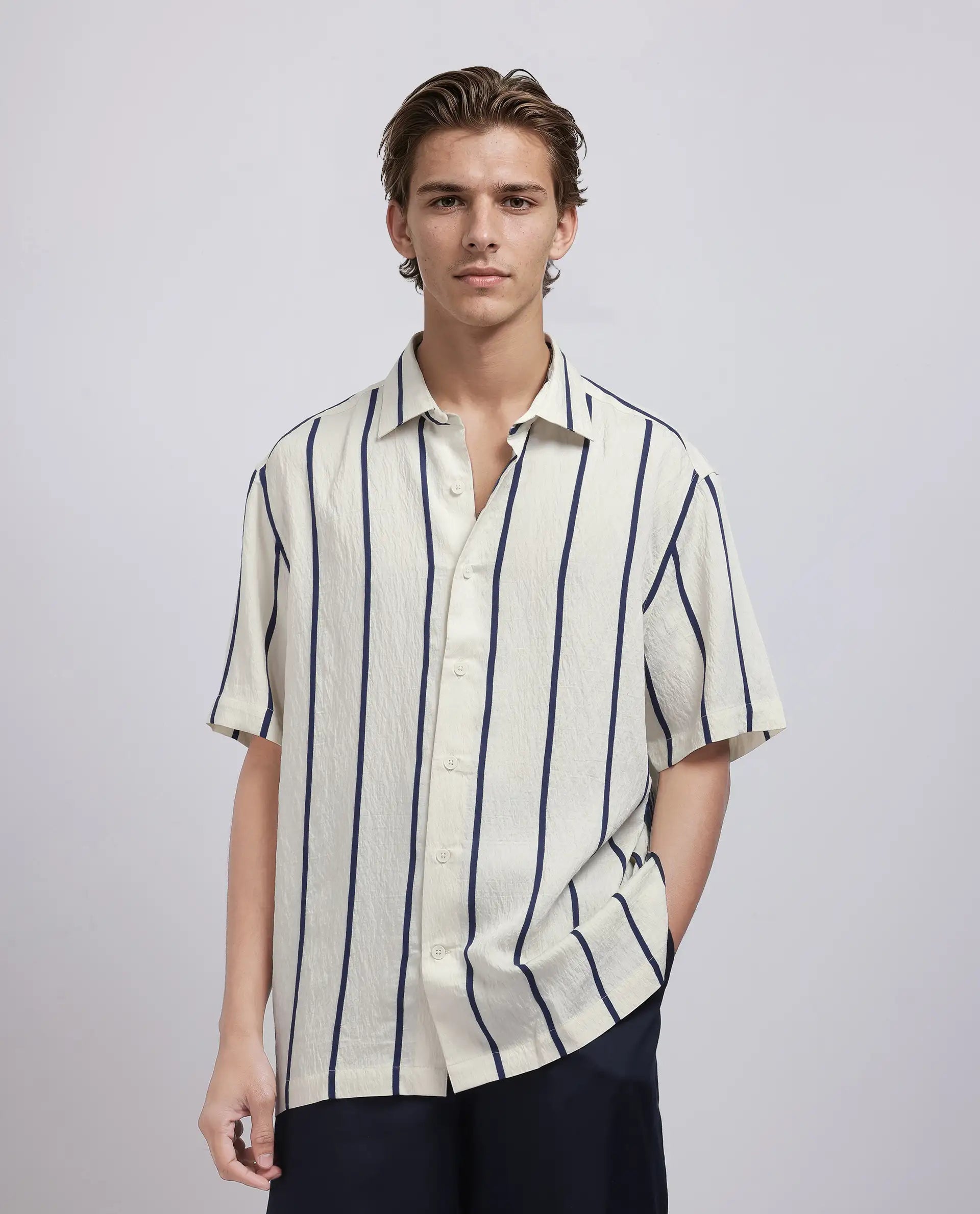 Rare Rabbit Men's Cask Navy Viscose Nylon Fabric Half Sleeve Spread Collar Button Closure Relaxed Fit Striped Shirt