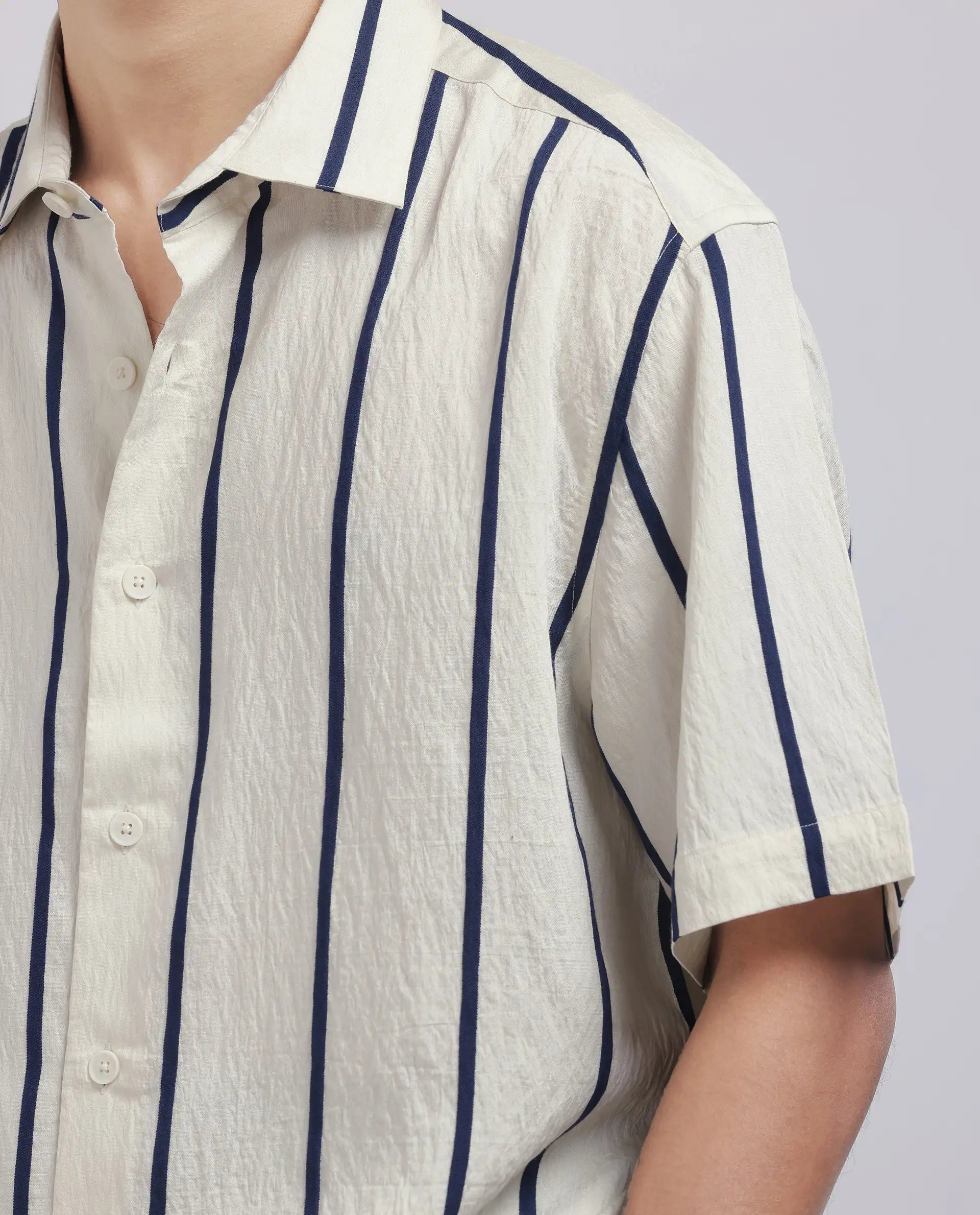 Rare Rabbit Men's Cask Navy Viscose Nylon Fabric Half Sleeve Spread Collar Button Closure Relaxed Fit Striped Shirt