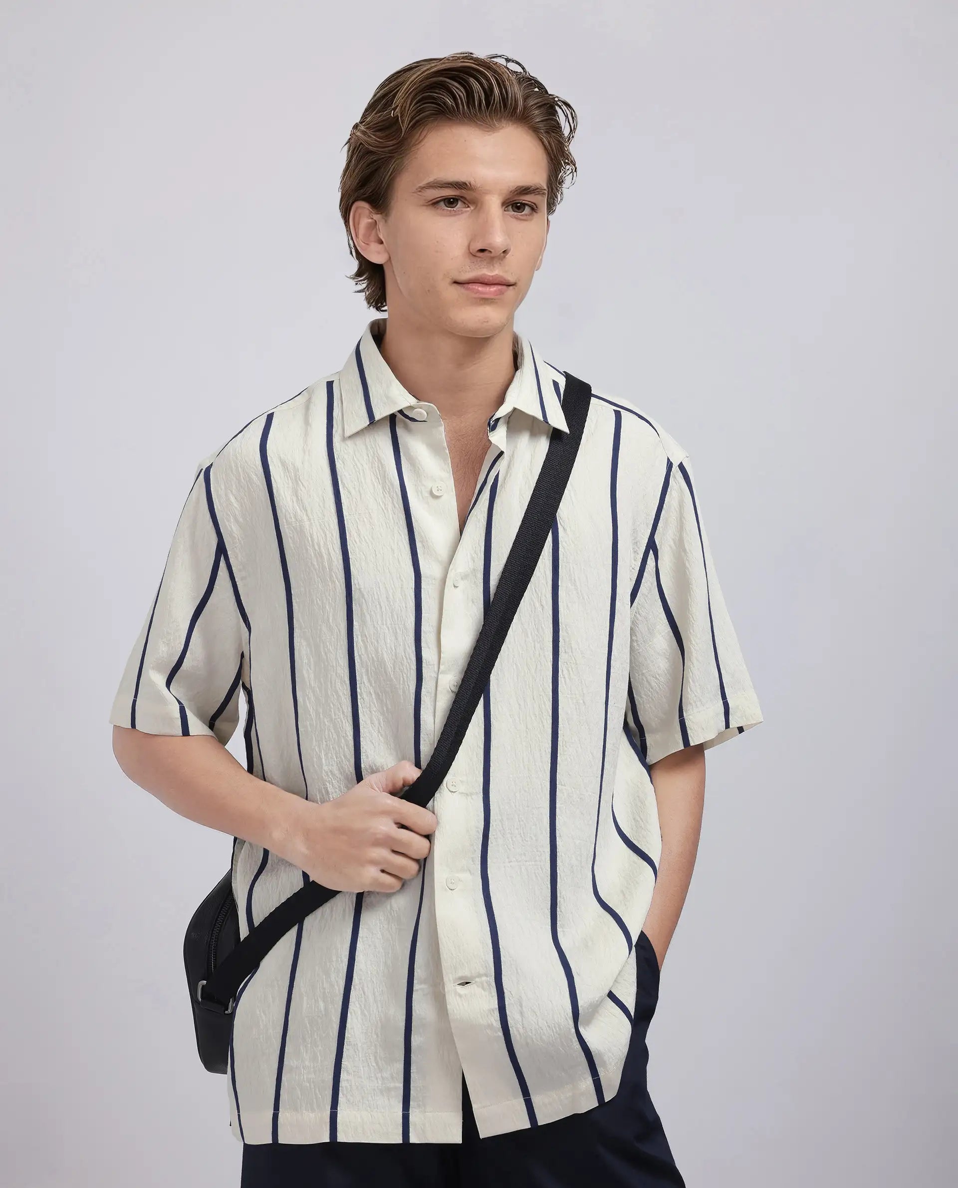 Rare Rabbit Men's Cask Navy Viscose Nylon Fabric Half Sleeve Spread Collar Button Closure Relaxed Fit Striped Shirt