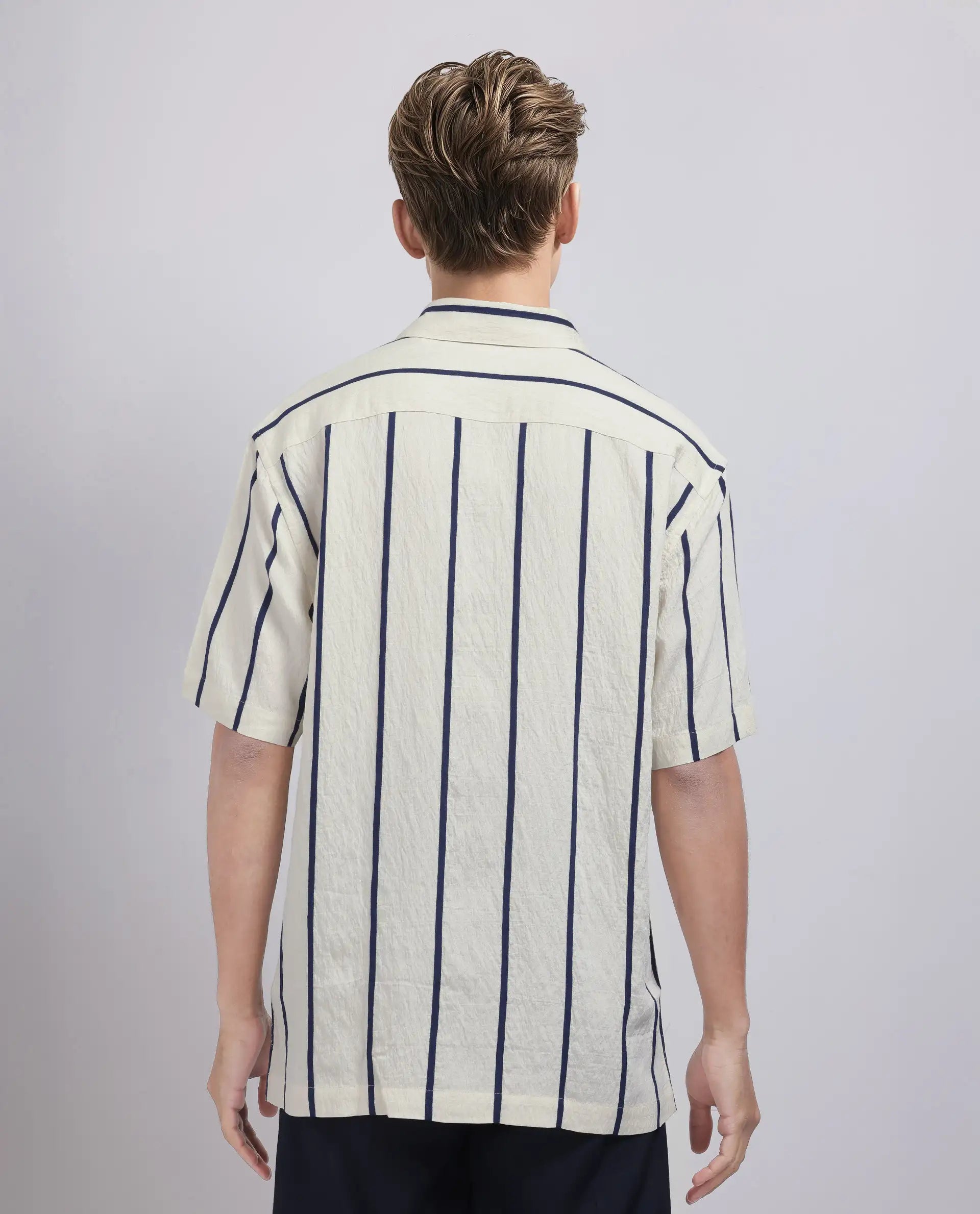 Rare Rabbit Men's Cask Navy Viscose Nylon Fabric Half Sleeve Spread Collar Button Closure Relaxed Fit Striped Shirt