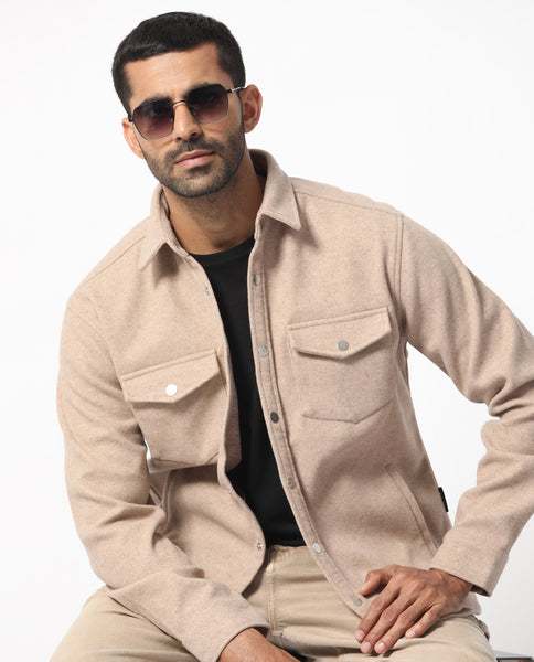 Rare Rabbit Men's Cason Light Beige Polyester Plain Regular Fit Full S