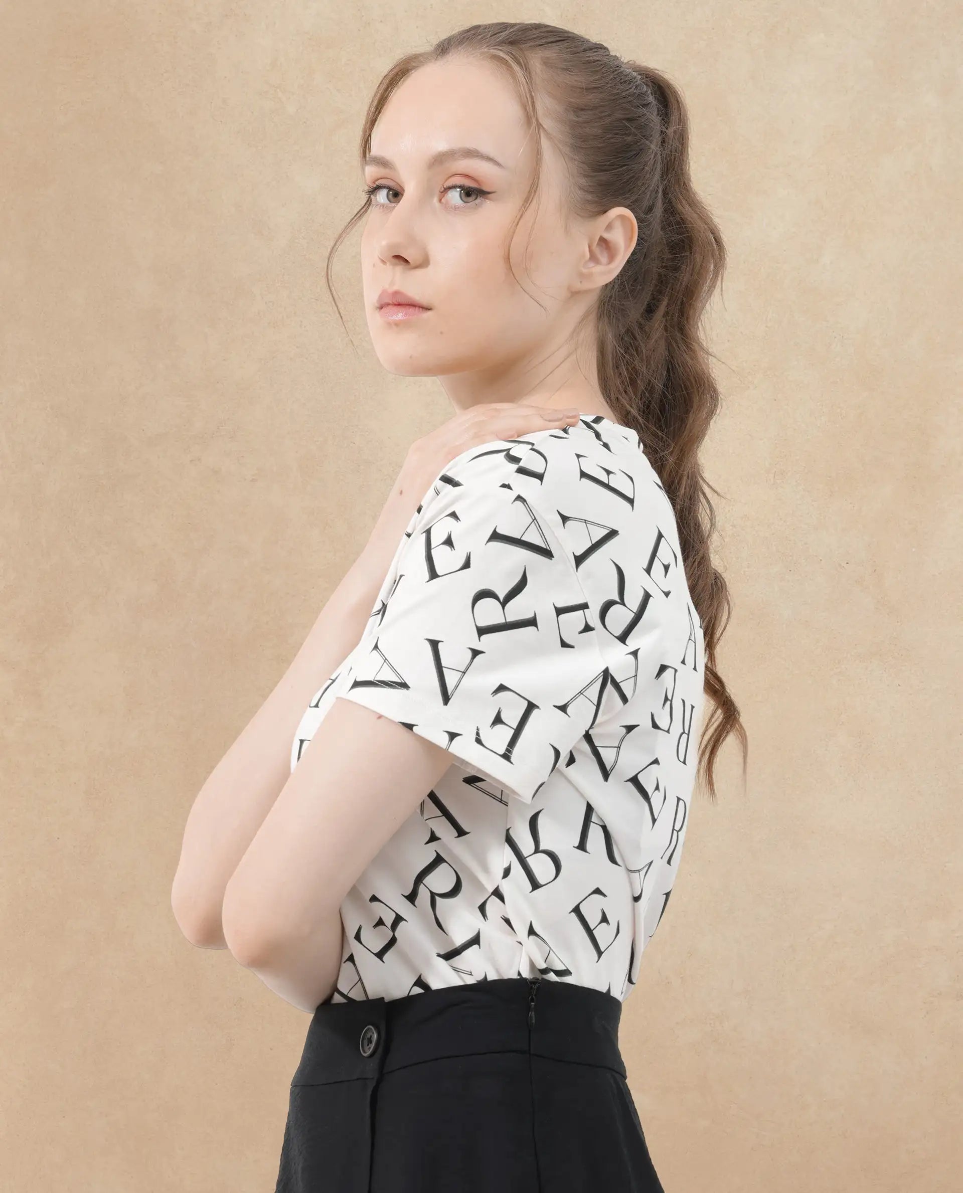 Rareism Women Cassia Off White Cotton Elastane Fabric Crew Neck Knit Solid T-Shirt