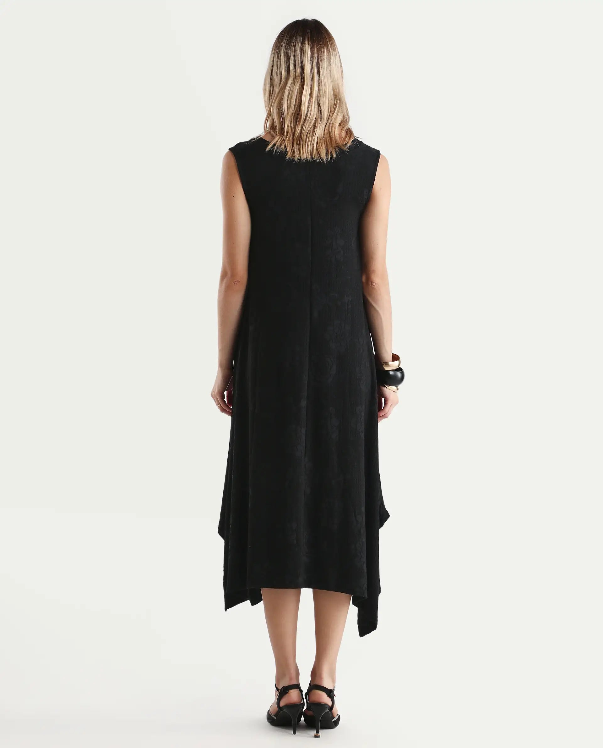 Rareism Women's Cassidy Black Polyester Blend Crew Neck Plain Sleeveless Midi Flared Dress