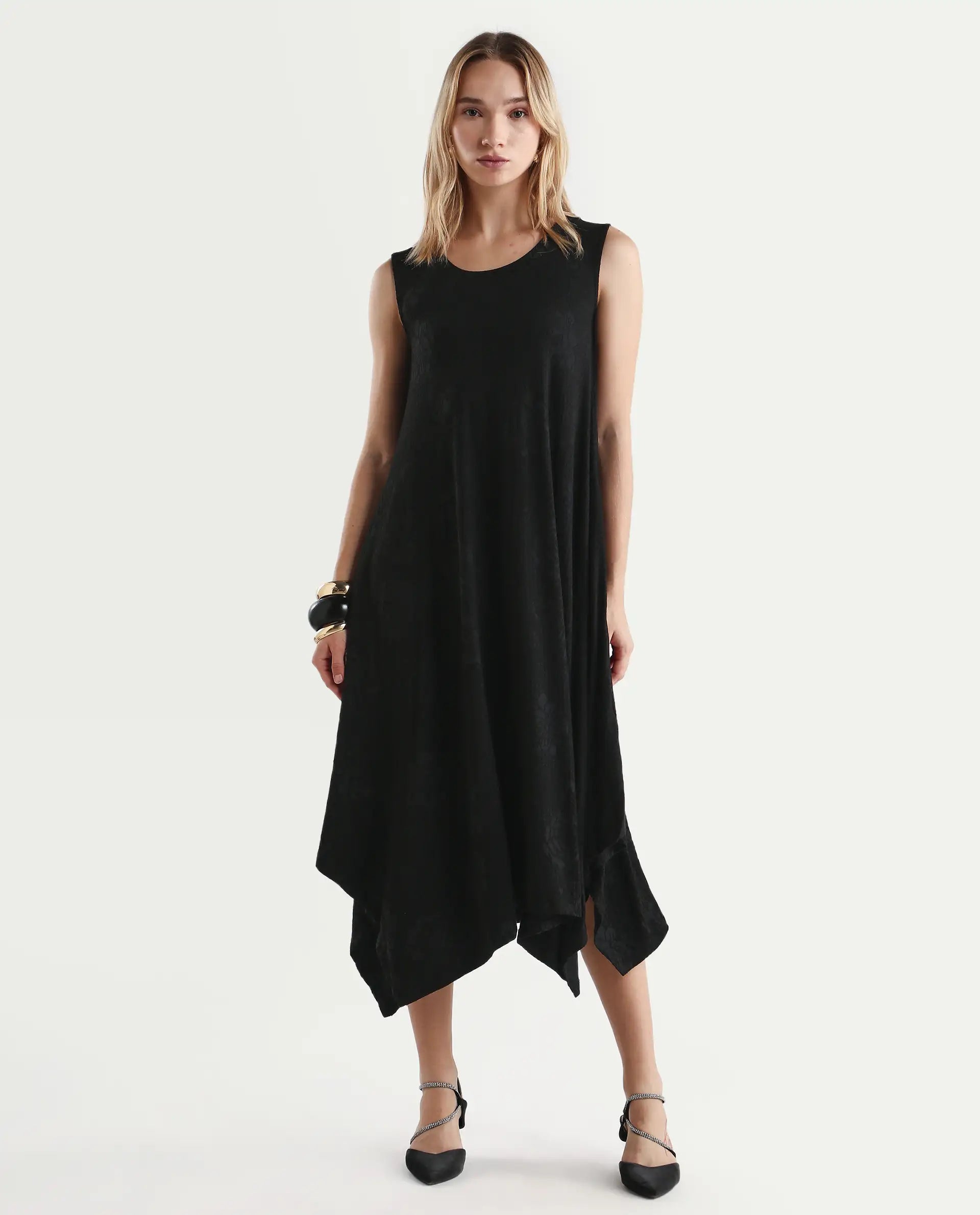 Rareism Women's Cassidy Black Polyester Blend Crew Neck Plain Sleeveless Midi Flared Dress