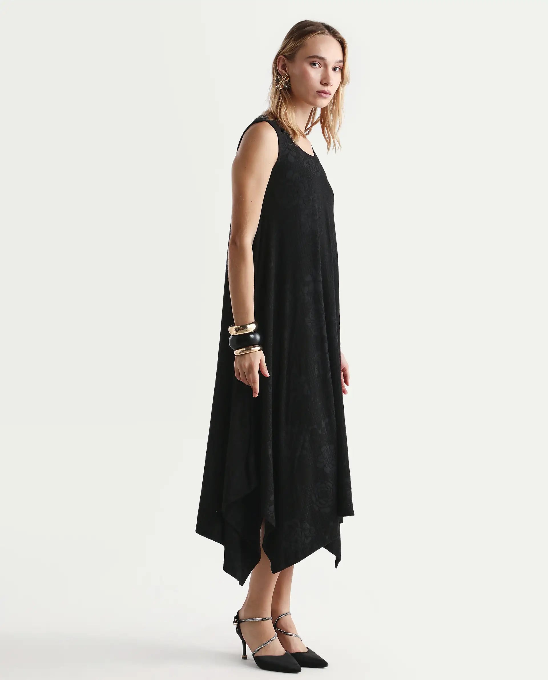 Rareism Women's Cassidy Black Polyester Blend Crew Neck Plain Sleeveless Midi Flared Dress