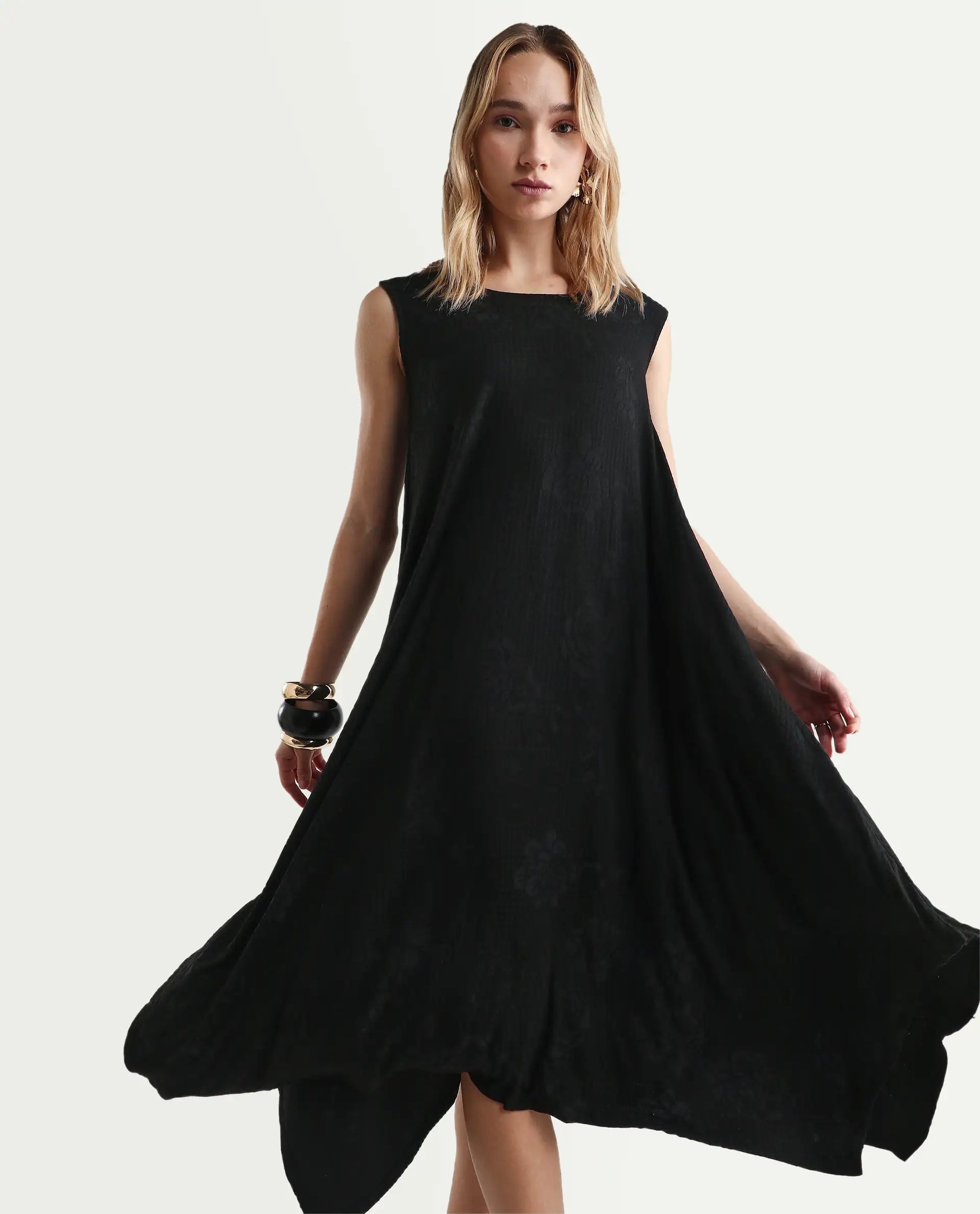 Rareism Women's Cassidy Black Polyester Blend Crew Neck Plain Sleeveless Midi Flared Dress