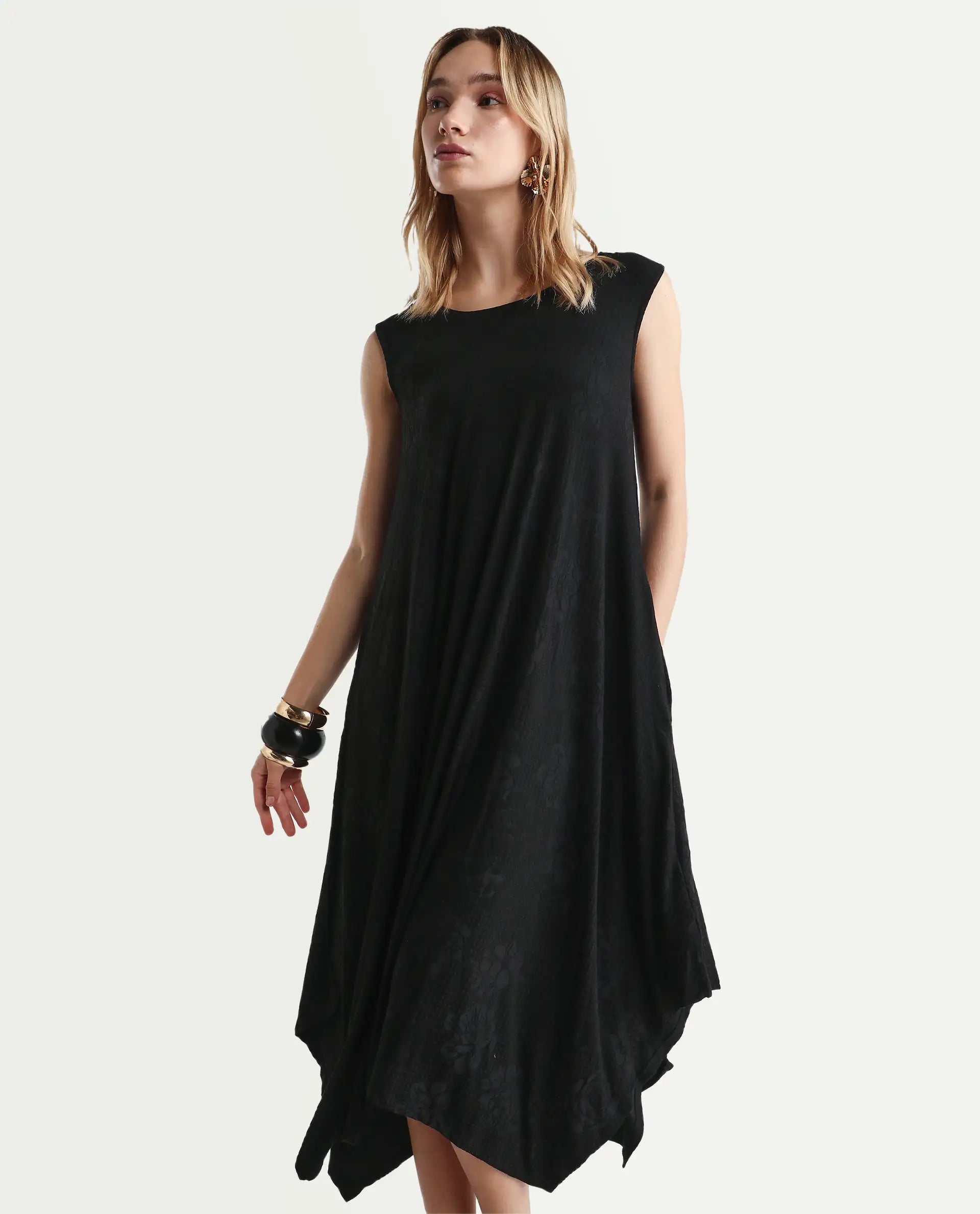 Rareism Women's Cassidy Black Polyester Blend Crew Neck Plain Sleeveless Midi Flared Dress