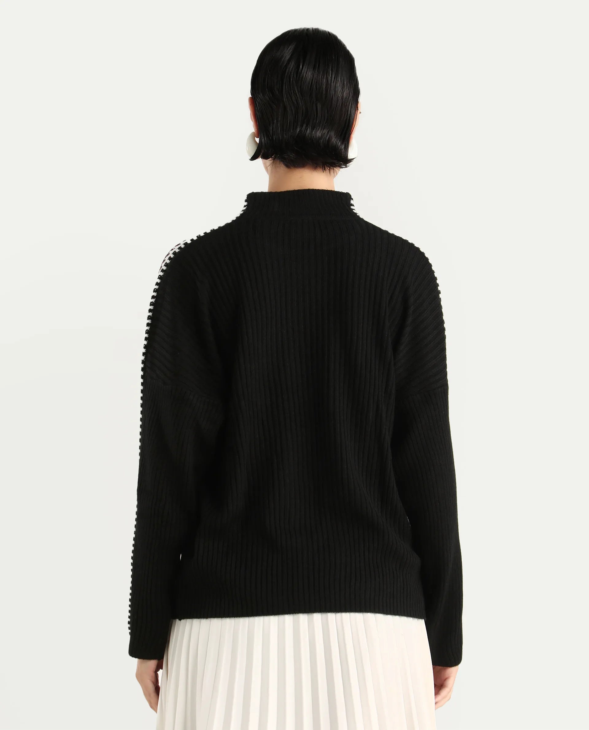 Rareism Women's Cassiopiea Black Acrylic High Neck Plain Relaxed Fit Sweater