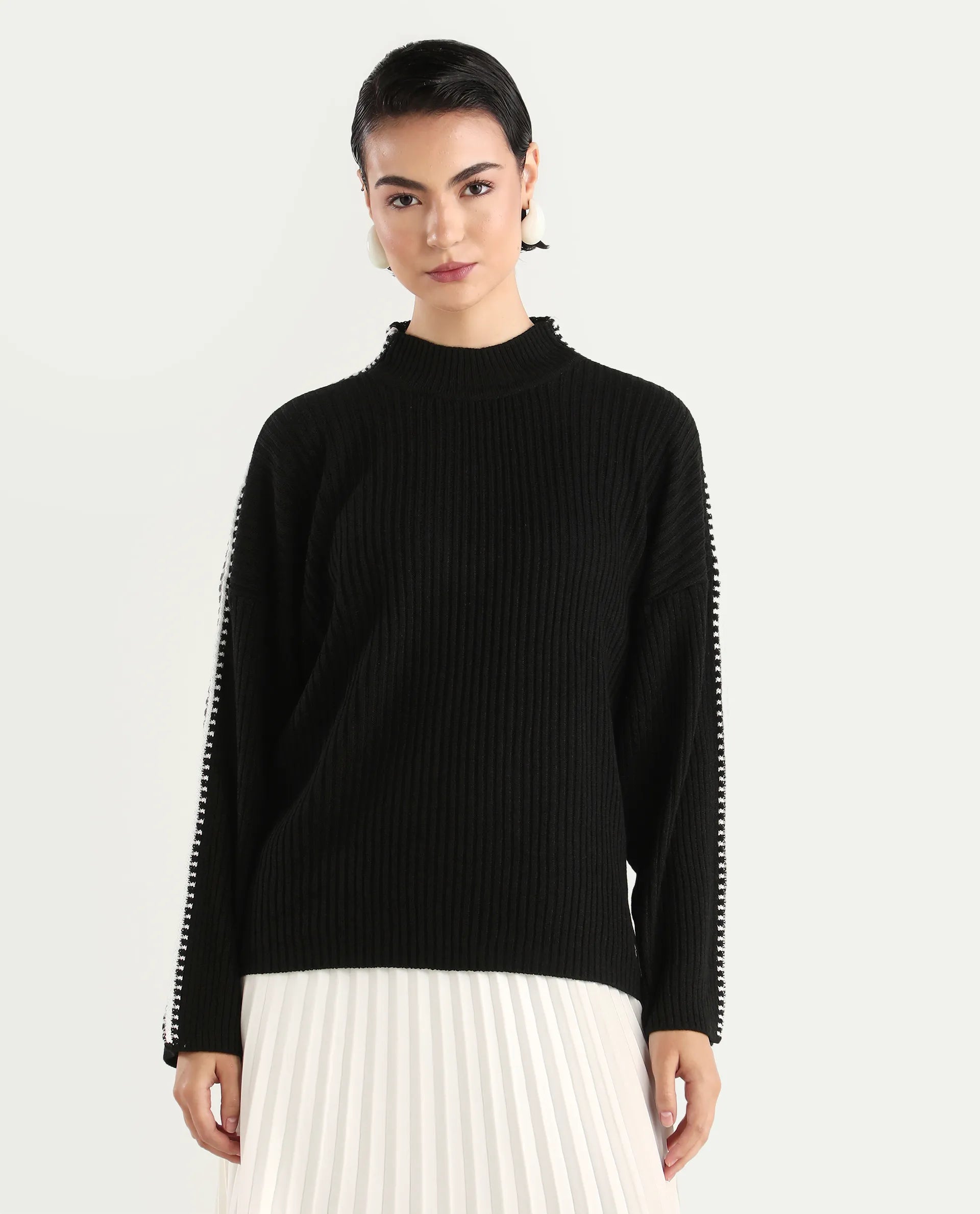 Rareism Women's Cassiopiea Black Acrylic High Neck Plain Relaxed Fit Sweater