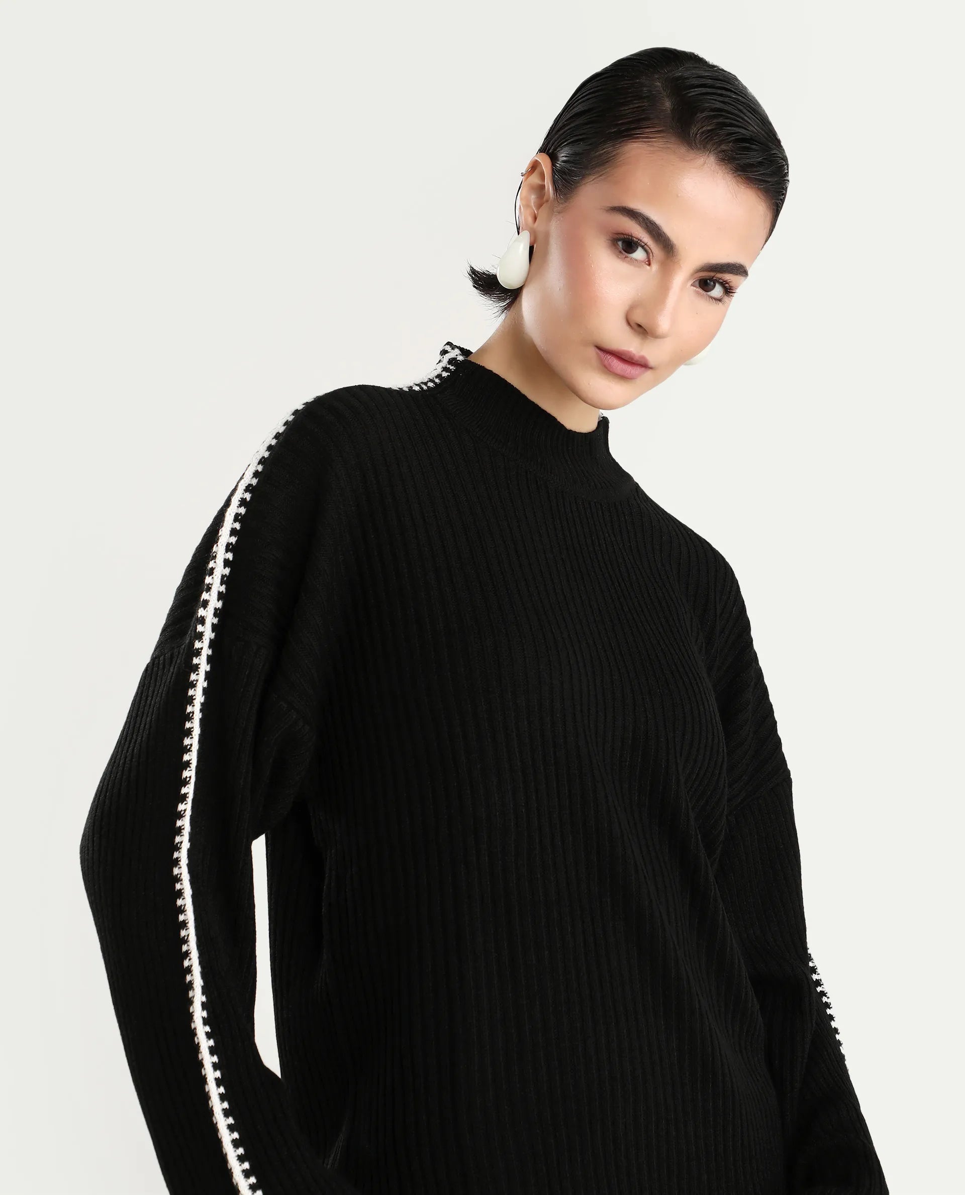 Rareism Women's Cassiopiea Black Acrylic High Neck Plain Relaxed Fit Sweater