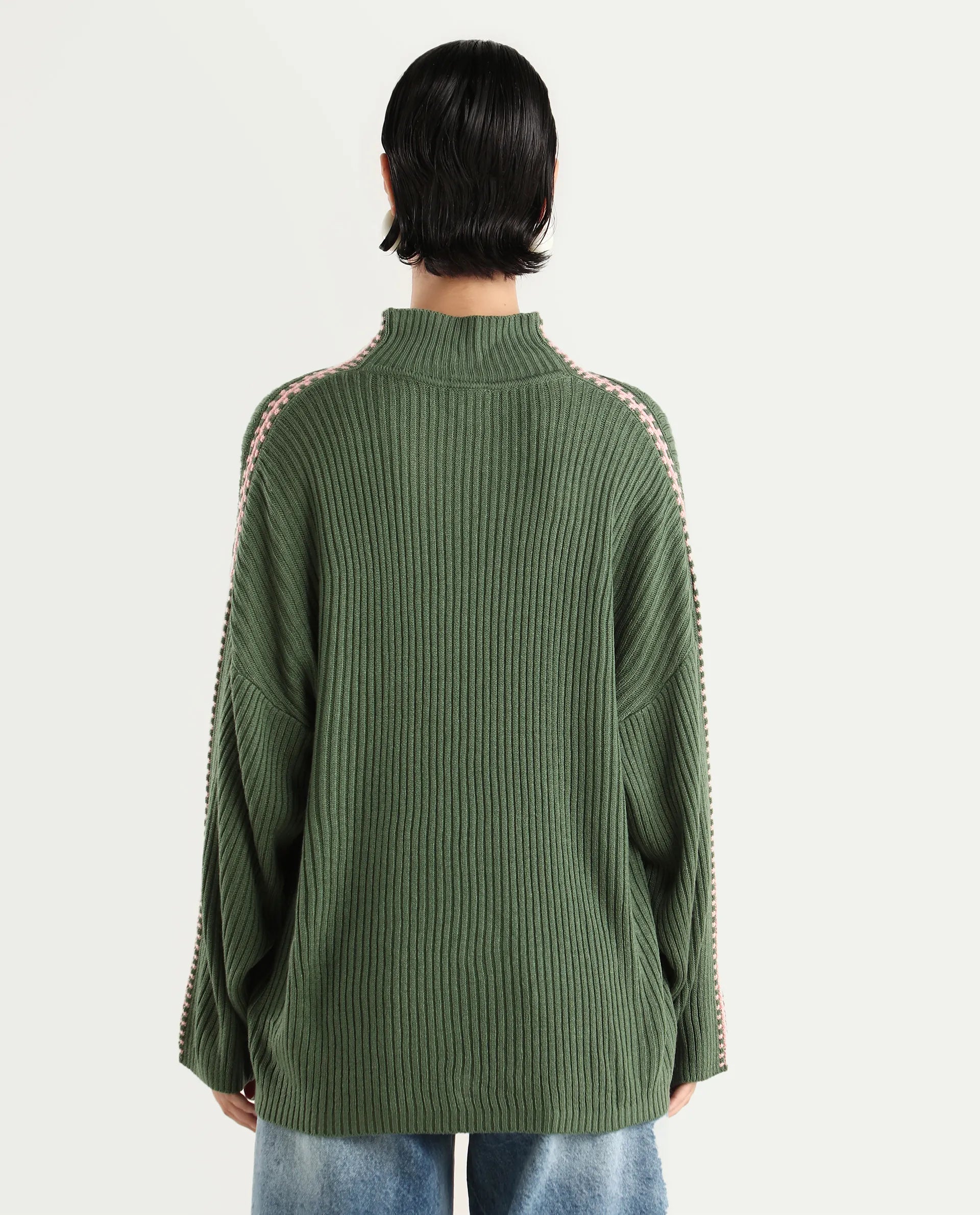 Rareism Women's Cassiopiea Olive Acrylic High Neck Plain Relaxed Fit Sweater