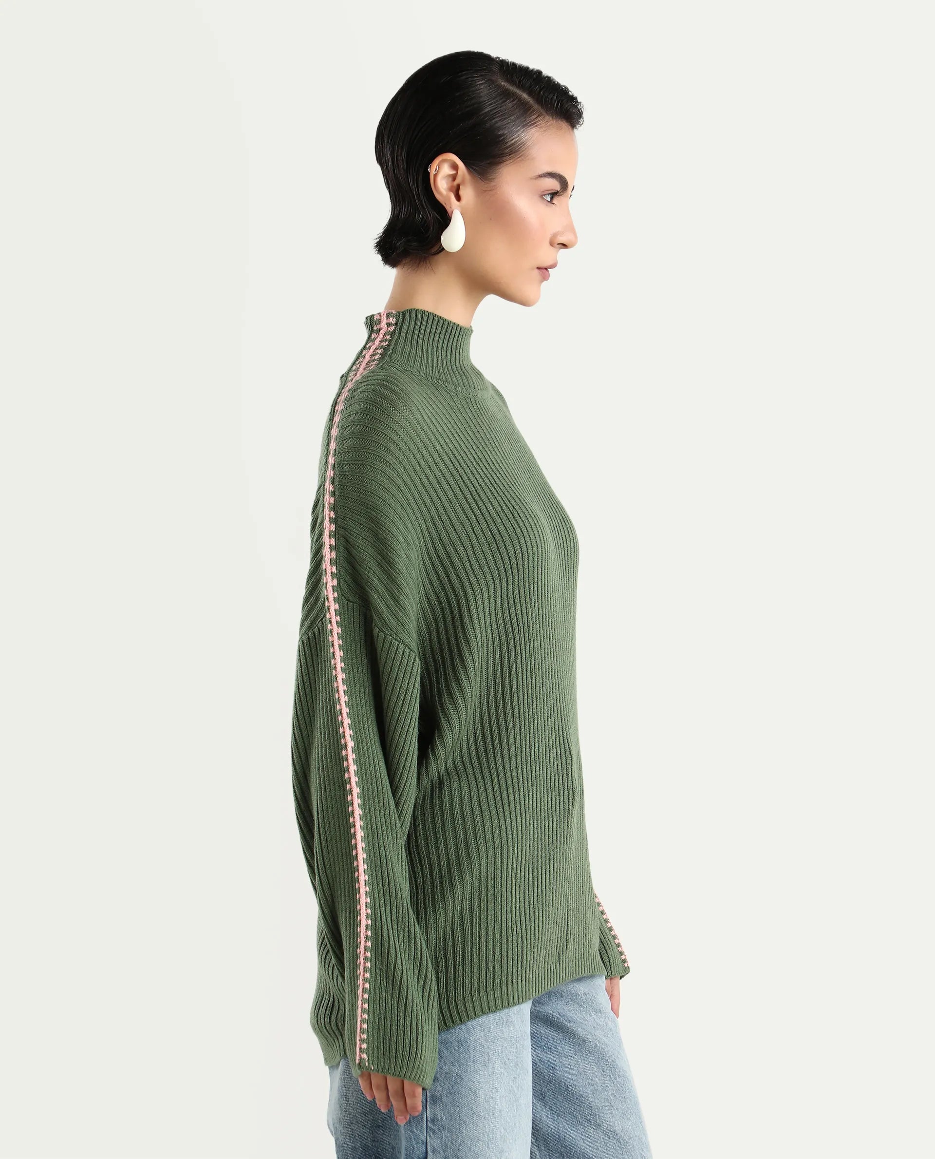 Rareism Women's Cassiopiea Olive Acrylic High Neck Plain Relaxed Fit Sweater