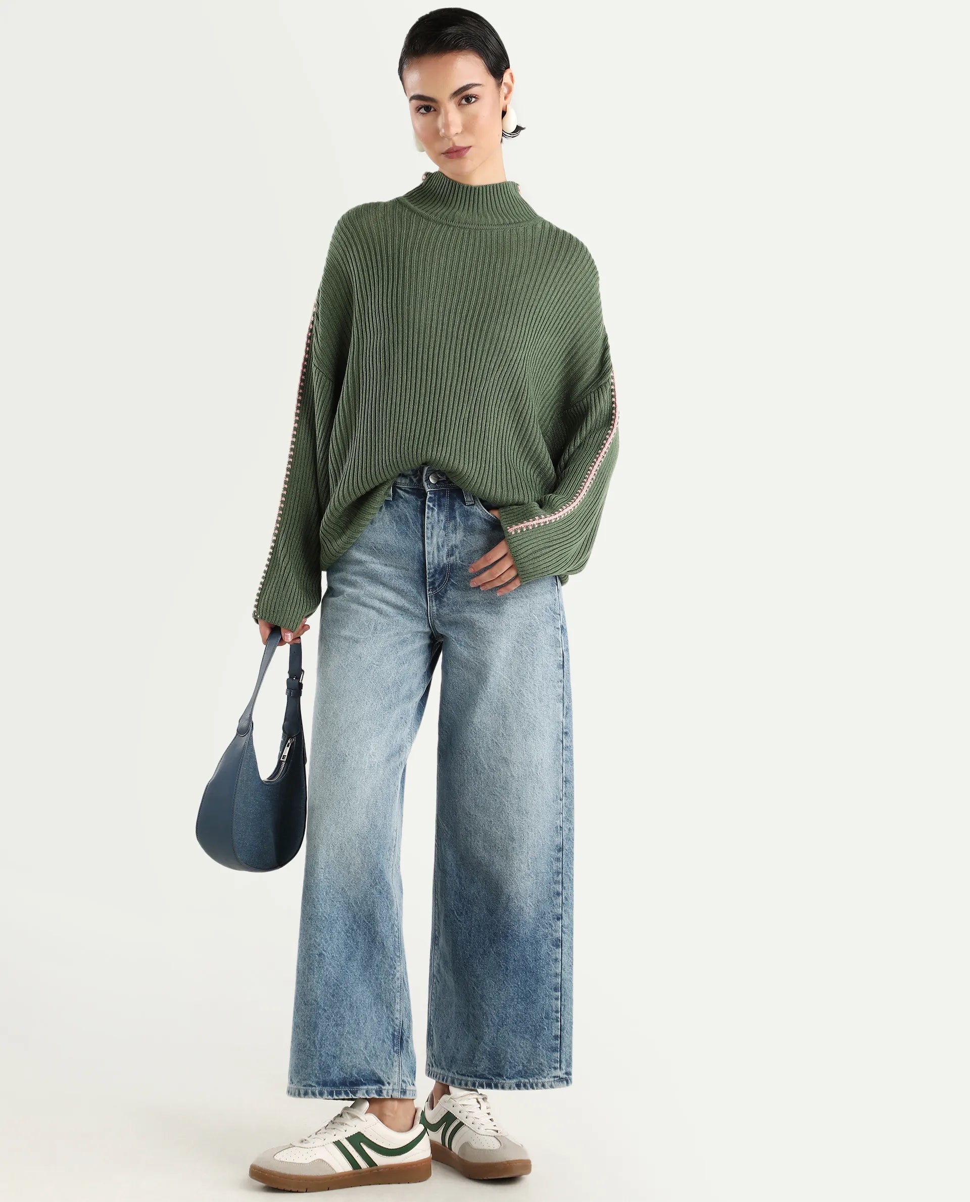 Rareism Women's Cassiopiea Olive Acrylic High Neck Plain Relaxed Fit Sweater