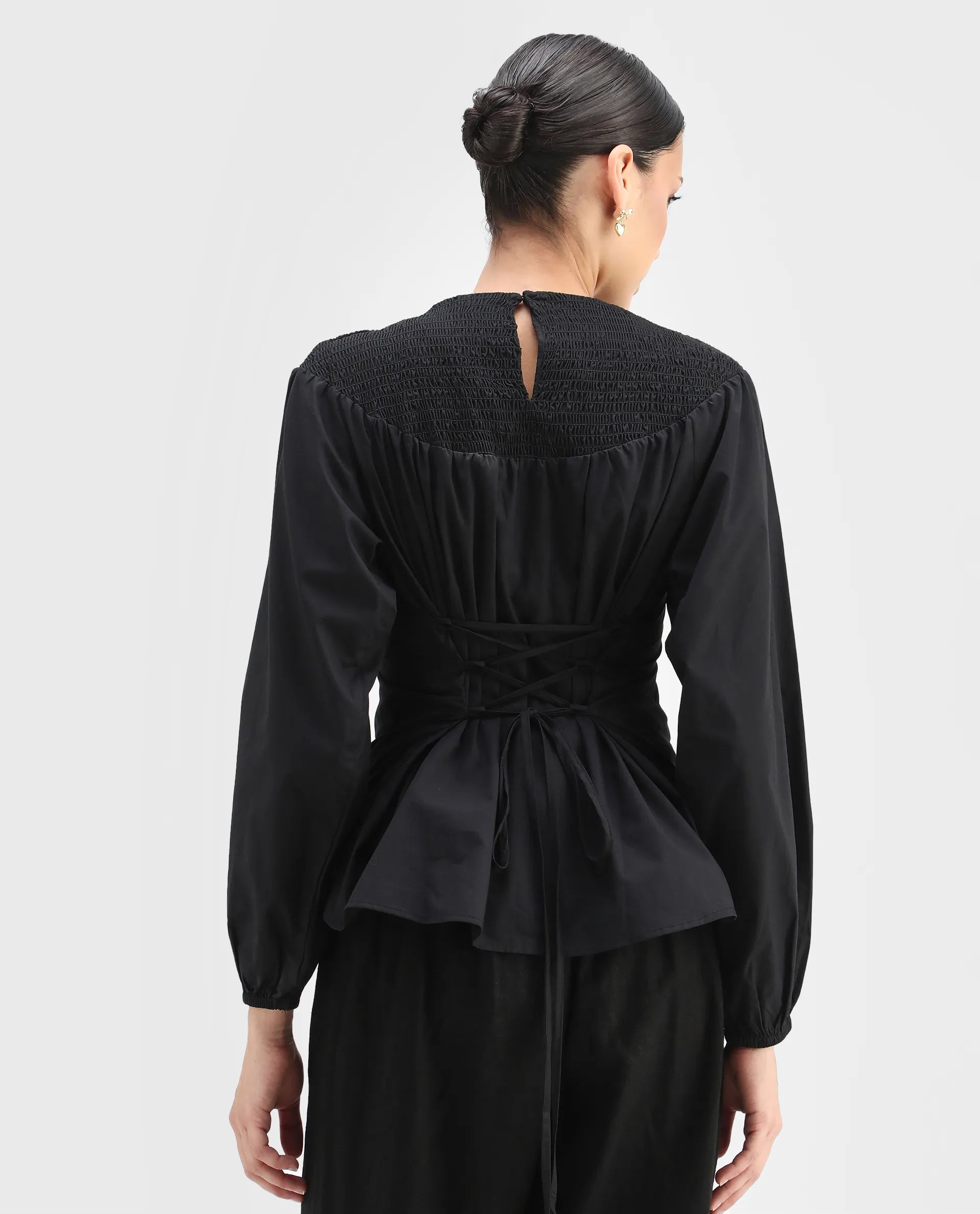 Rareism Women's Cassius Black Cotton Crew Neck Plain Volume Sleeve Regular Fit Top