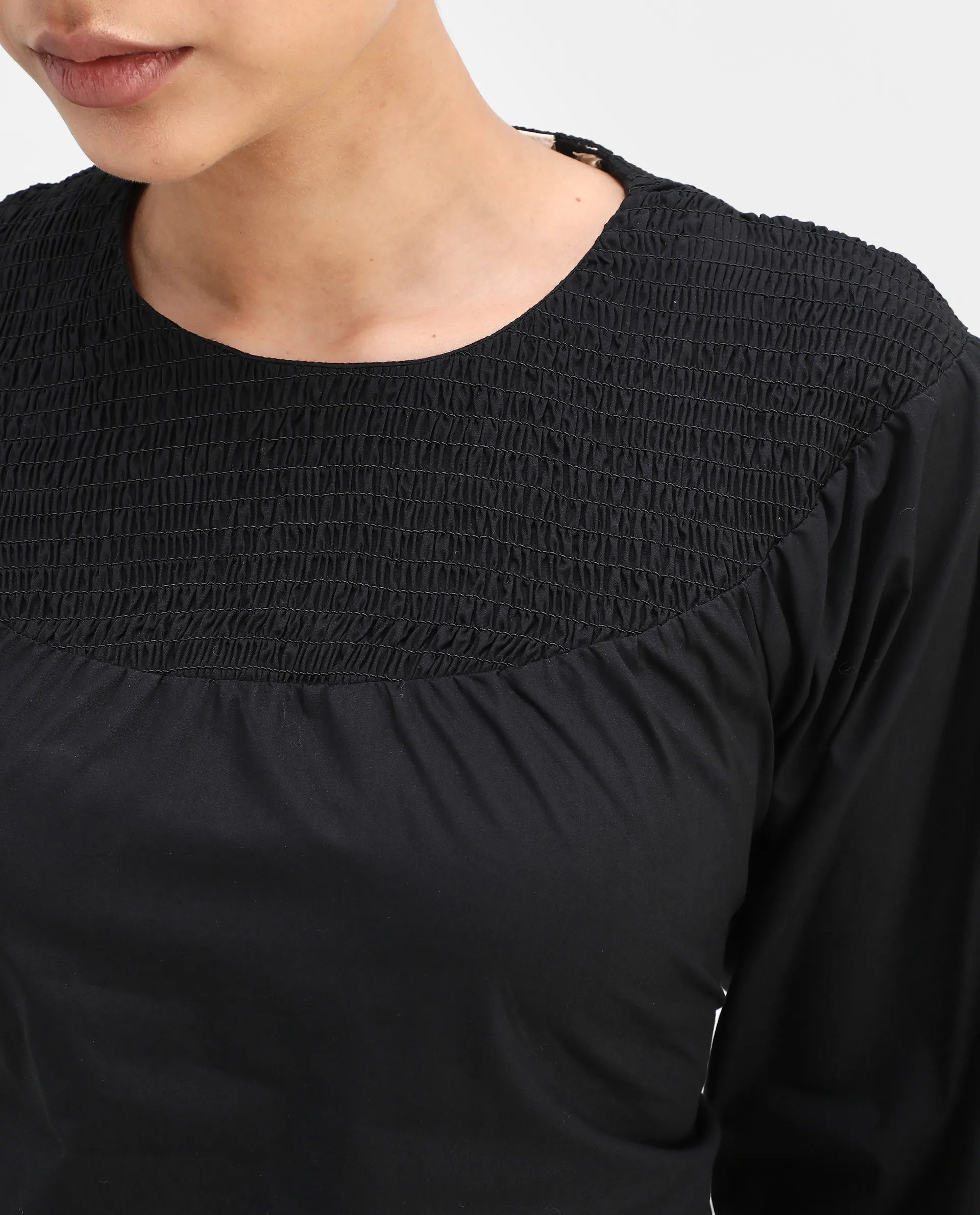 Rareism Women's Cassius Black Cotton Crew Neck Plain Volume Sleeve Regular Fit Top