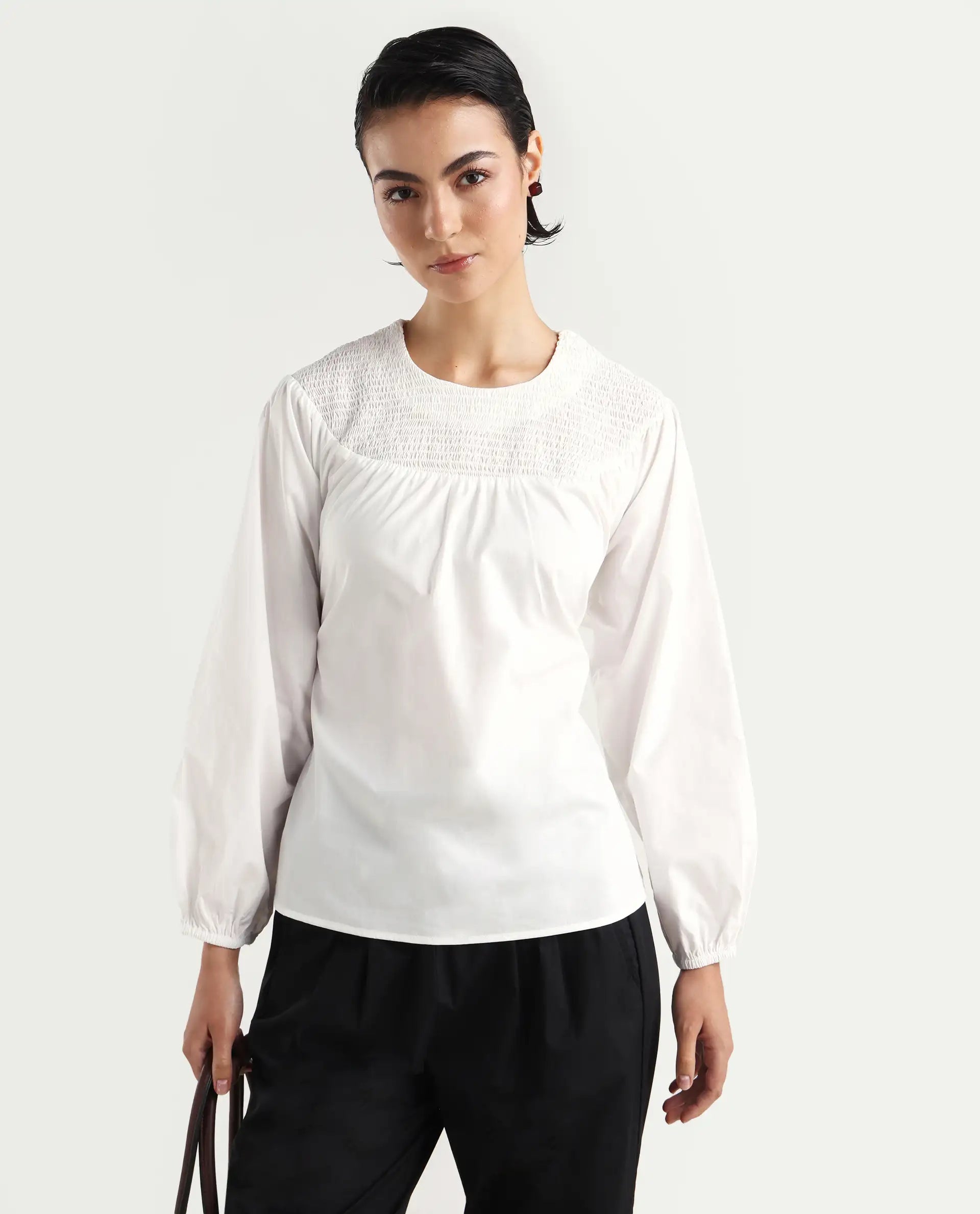 Rareism Women's Cassius White Cotton Crew Neck Plain Volume Sleeve Regular Fit Top