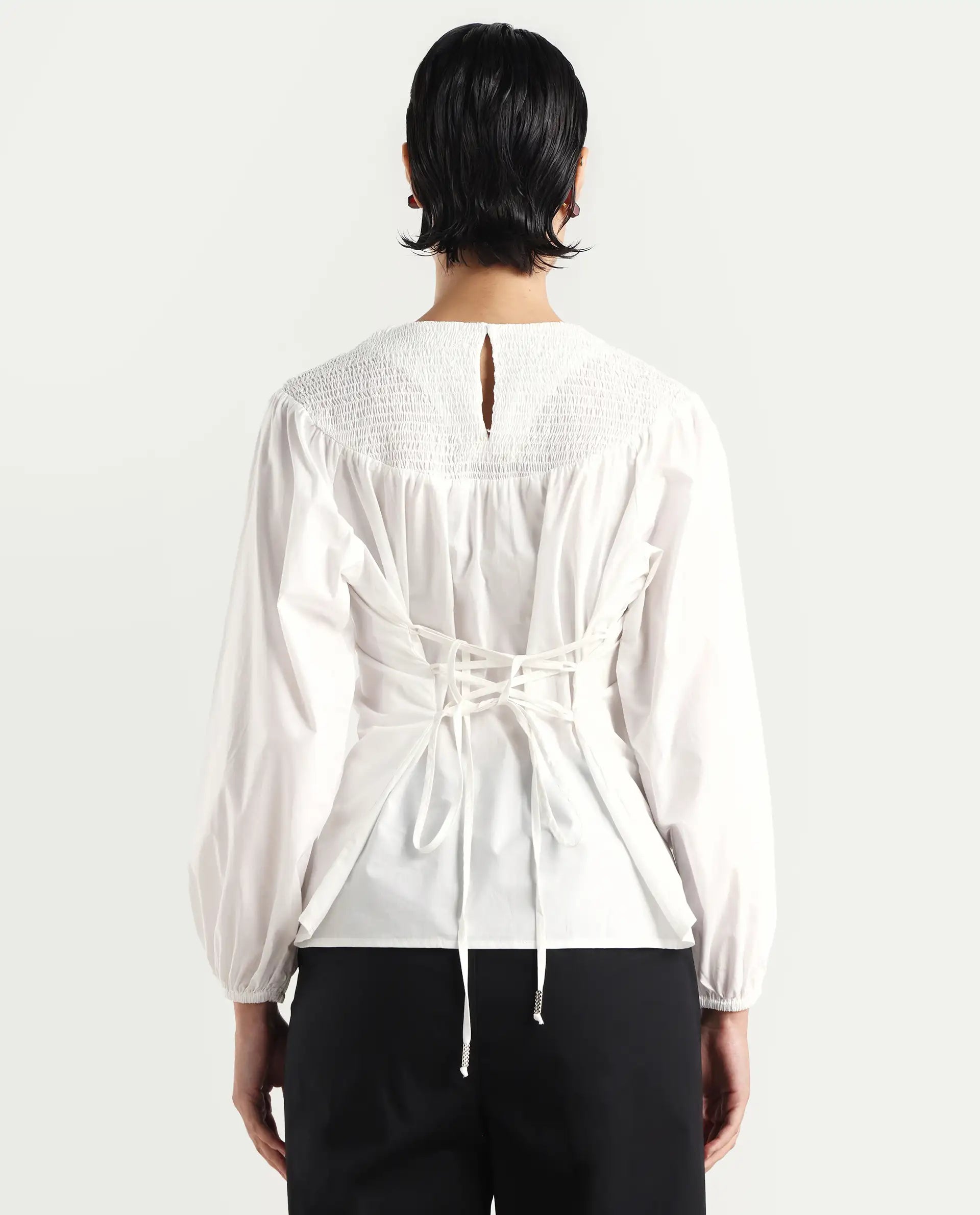 Rareism Women's Cassius White Cotton Crew Neck Plain Volume Sleeve Regular Fit Top