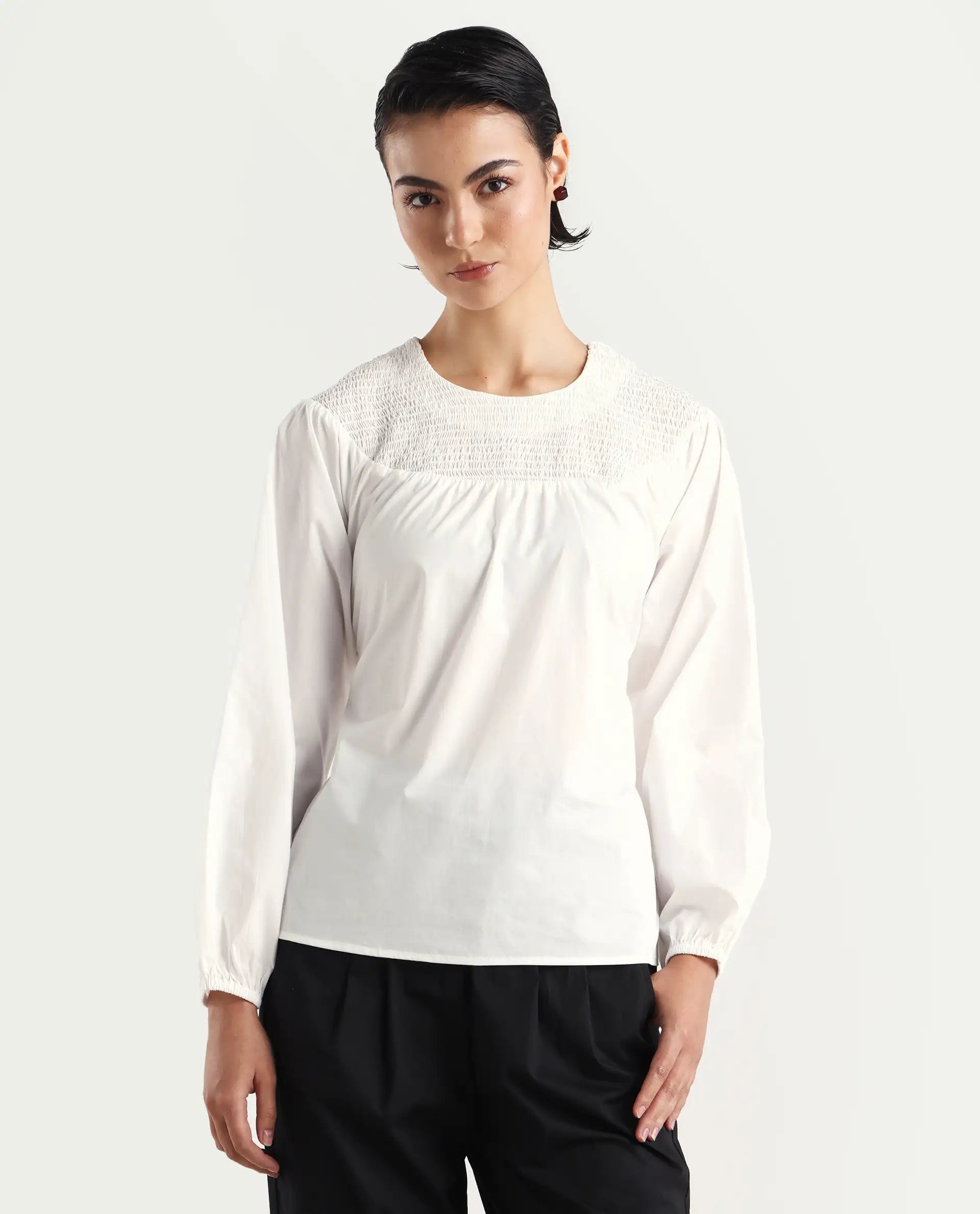 Rareism Women's Cassius White Cotton Crew Neck Plain Volume Sleeve Regular Fit Top