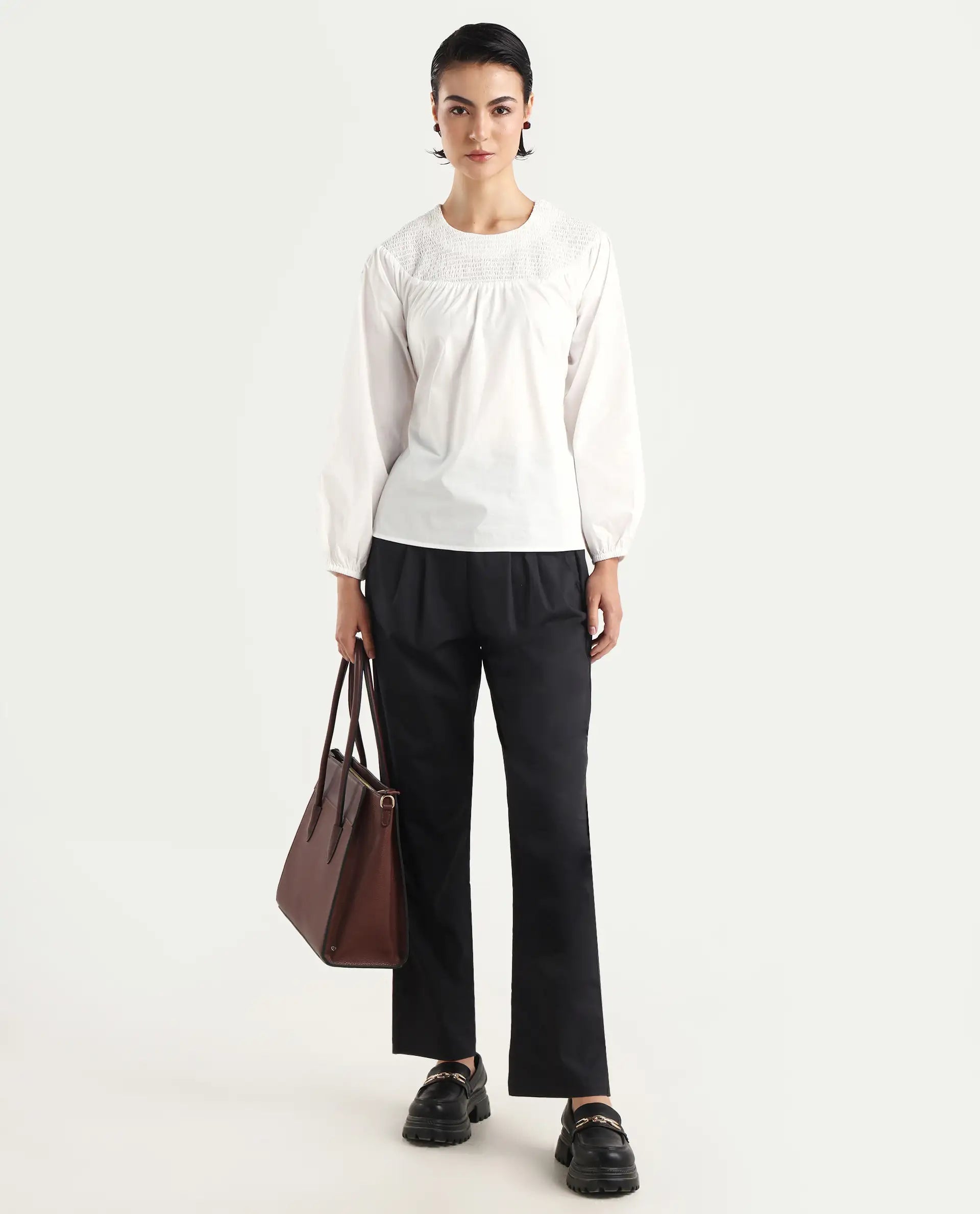 Rareism Women's Cassius White Cotton Crew Neck Plain Volume Sleeve Regular Fit Top