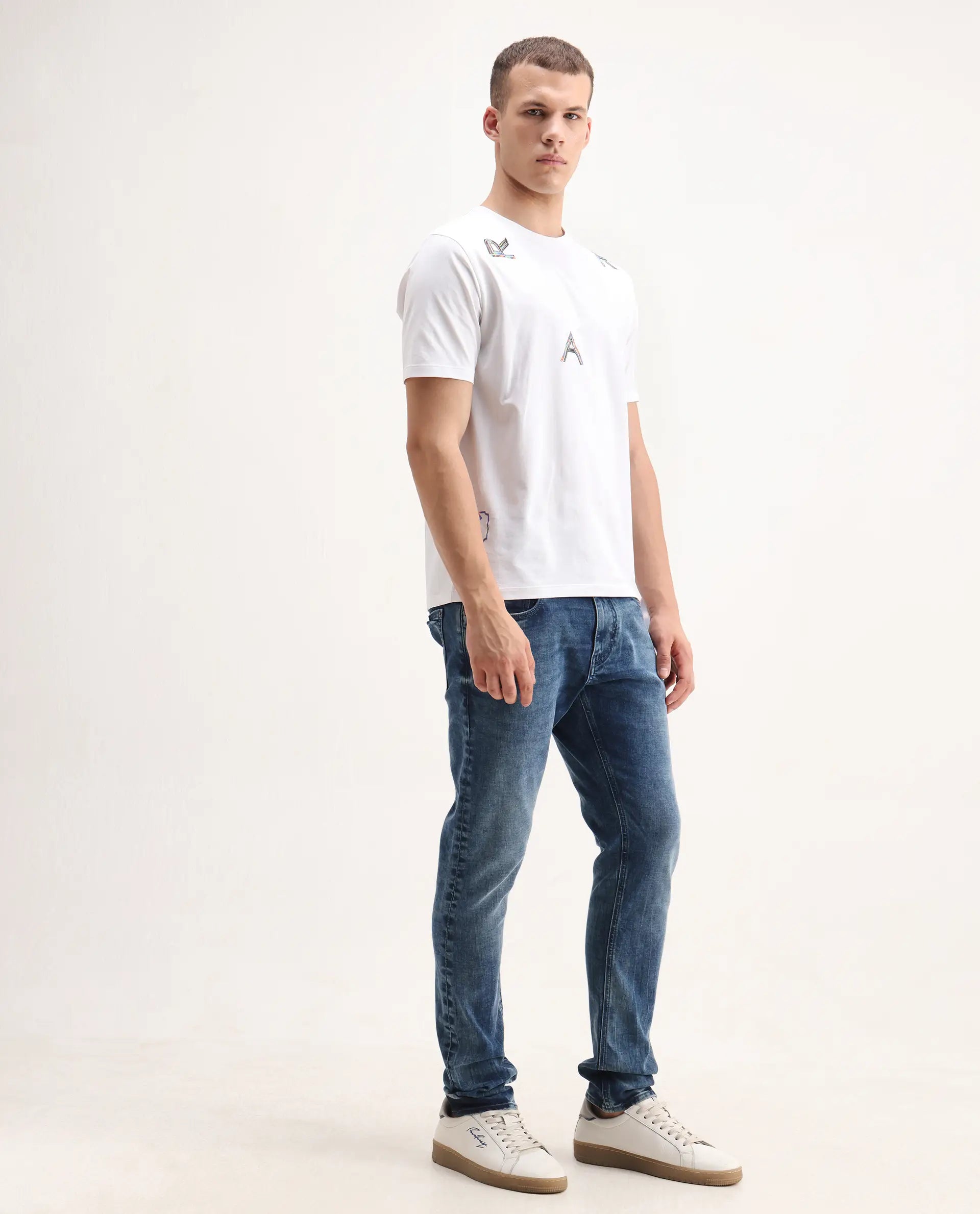 Rare Rabbit Men's Cast Blue Cotton Blend Plain Hawk Slim Fit Jeans