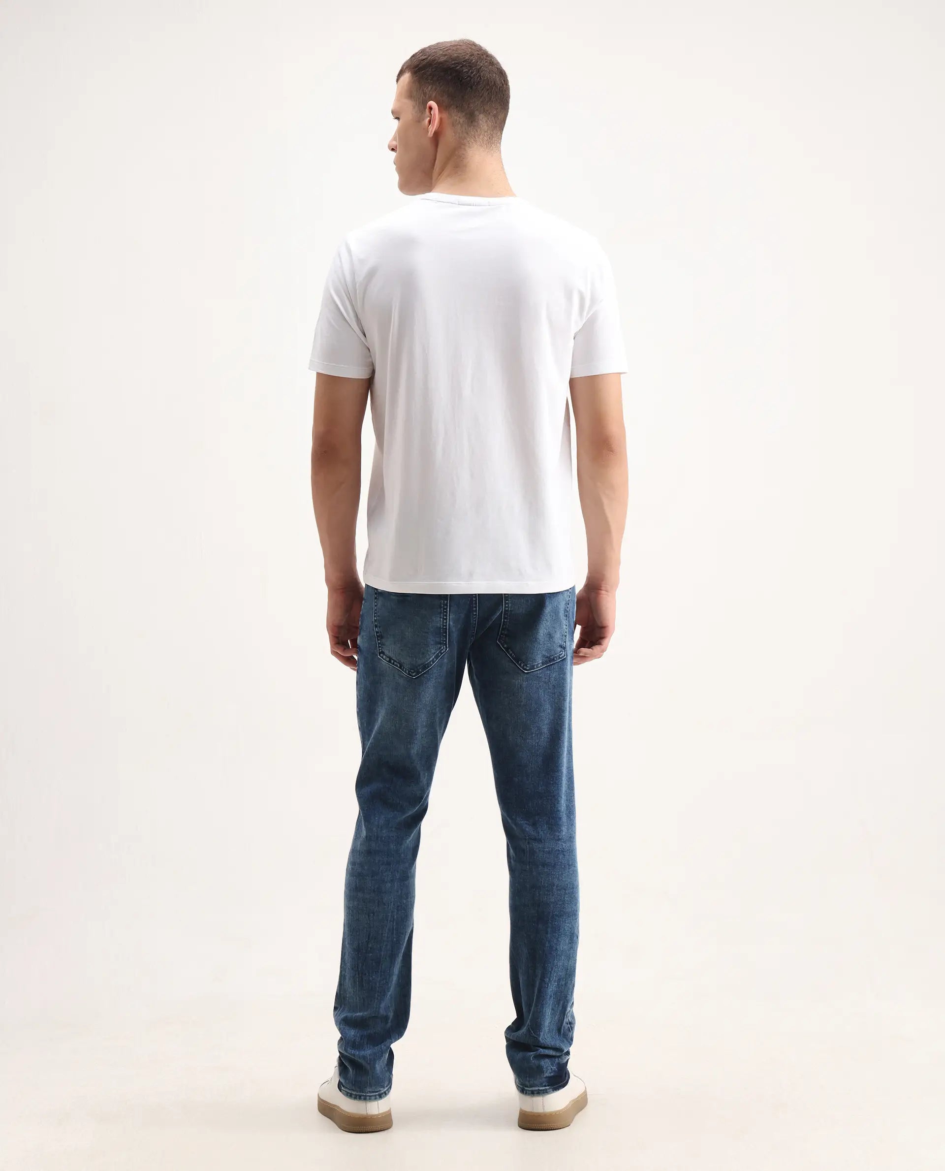 Rare Rabbit Men's Cast Blue Cotton Blend Plain Hawk Slim Fit Jeans