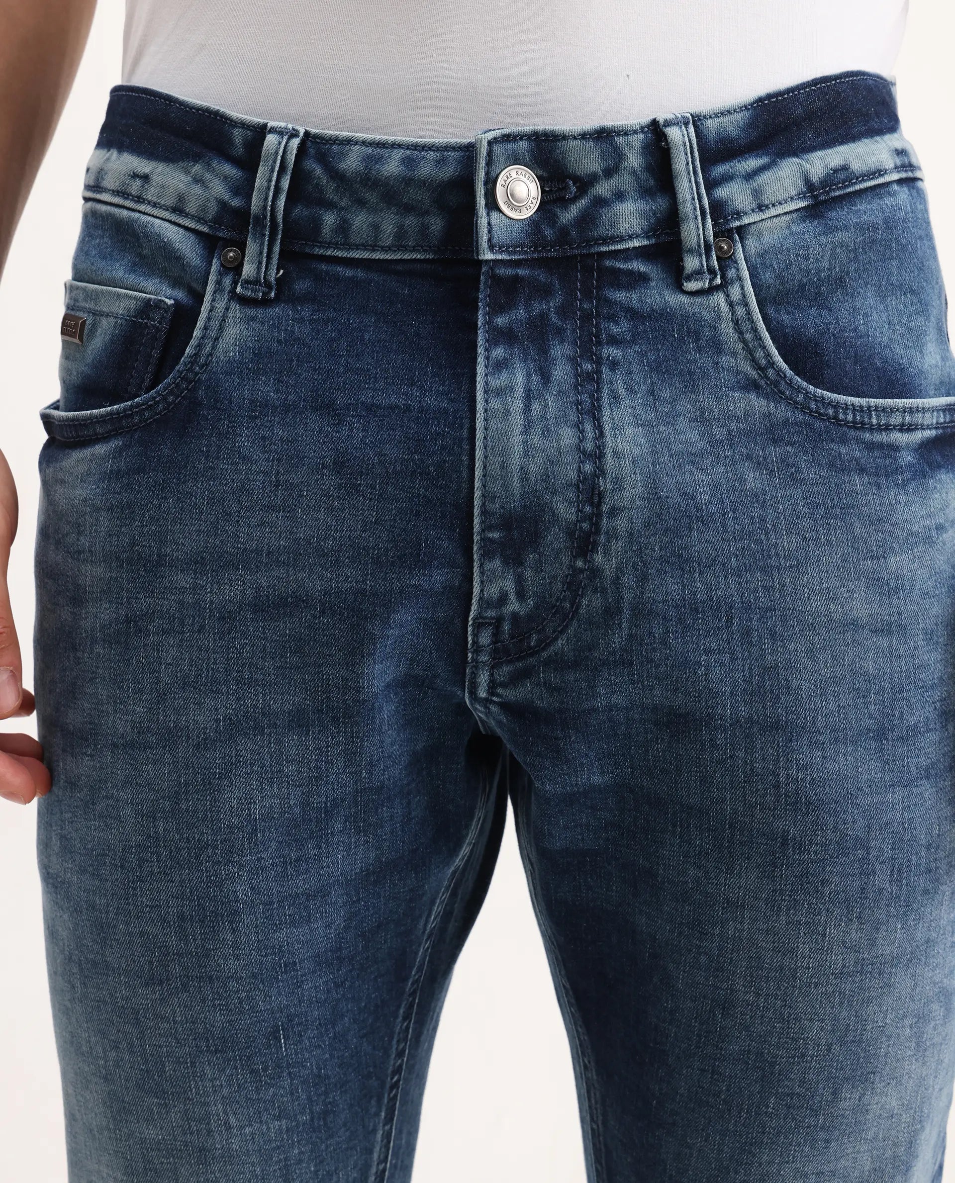 Rare Rabbit Men's Cast Blue Cotton Blend Plain Hawk Slim Fit Jeans