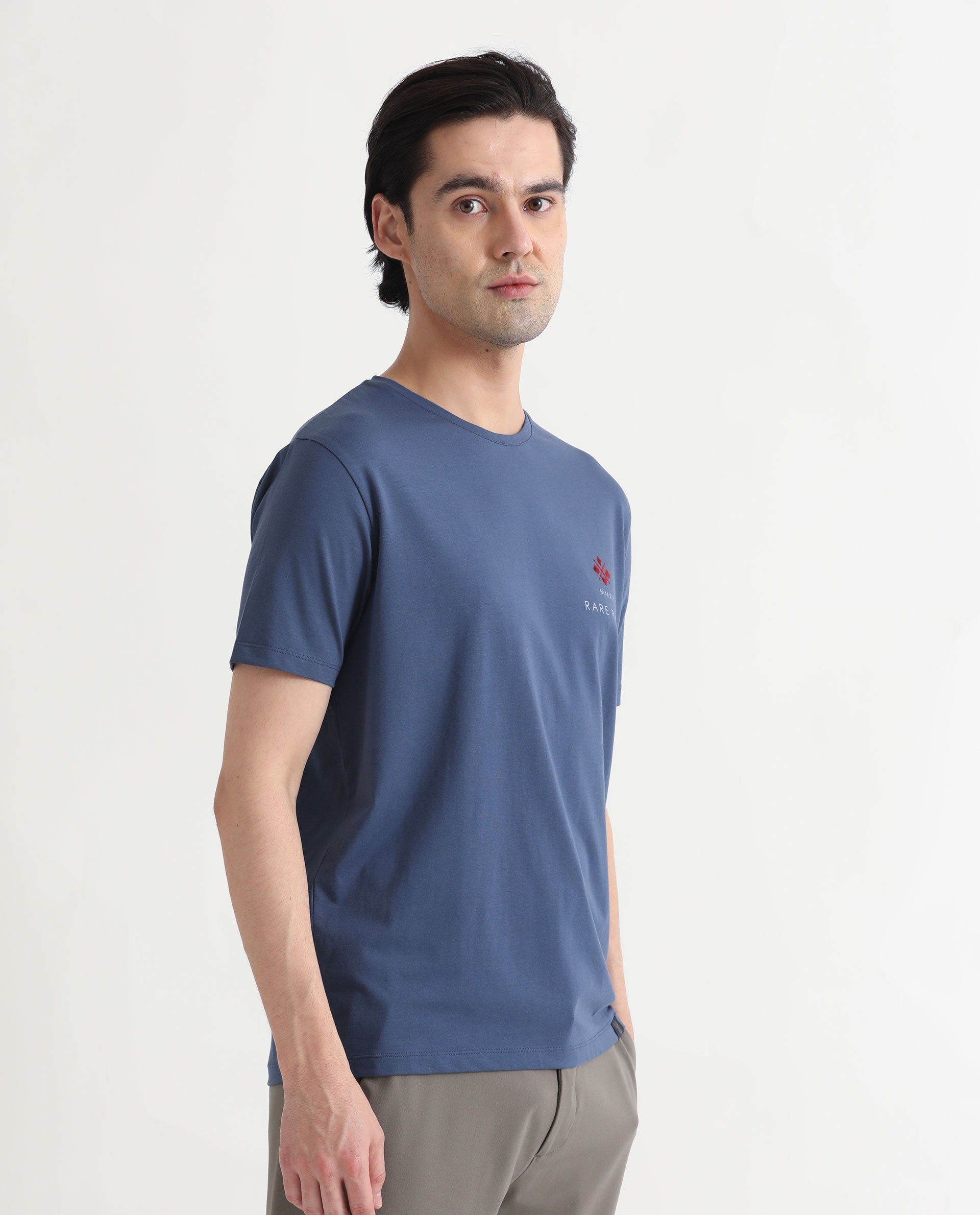 Rare Rabbit Men's Castel Blue Crew Neck Graphic Print Branded Half Sleeves T-Shirt