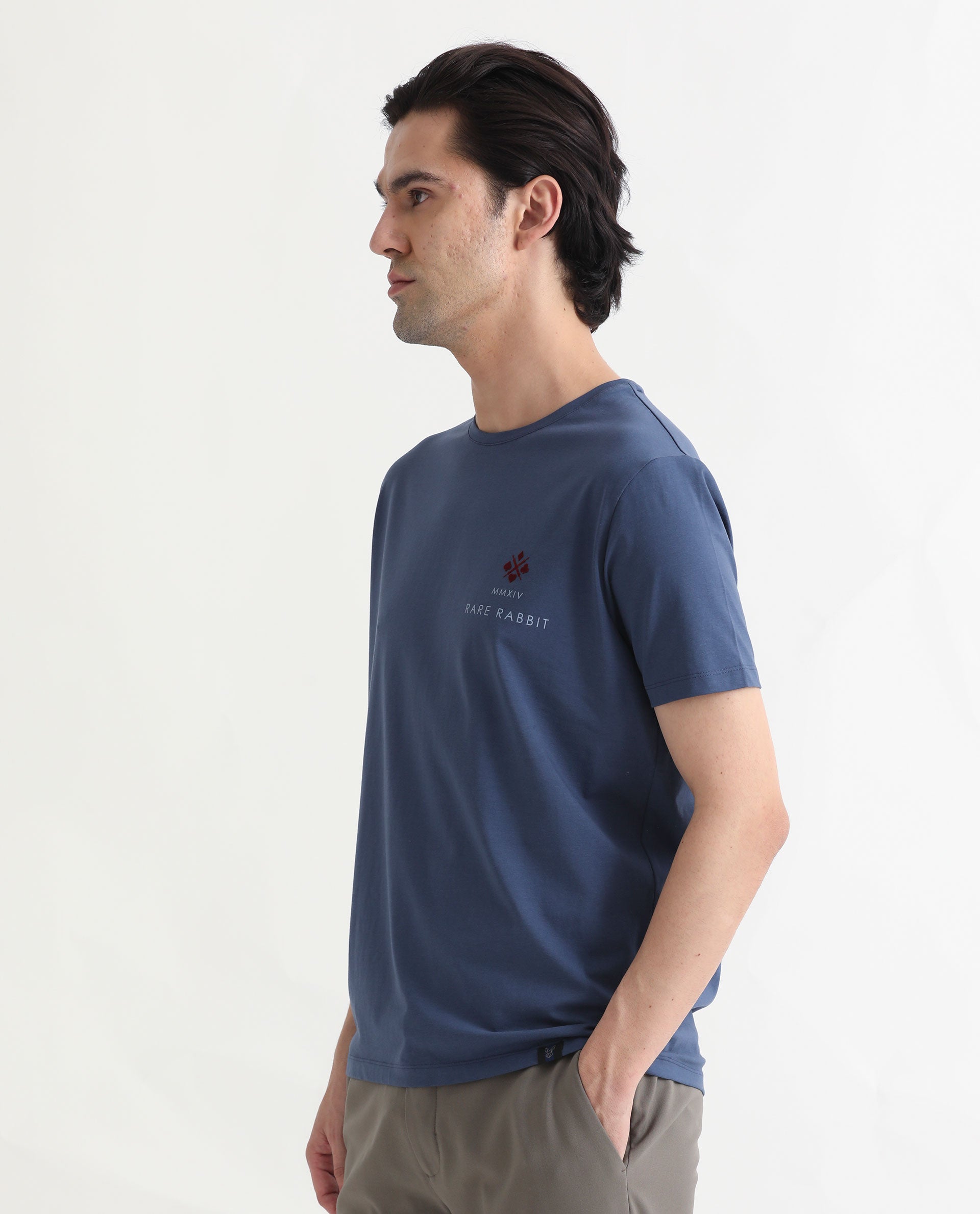 Rare Rabbit Men's Castel Blue Crew Neck Graphic Print Branded Half Sleeves T-Shirt