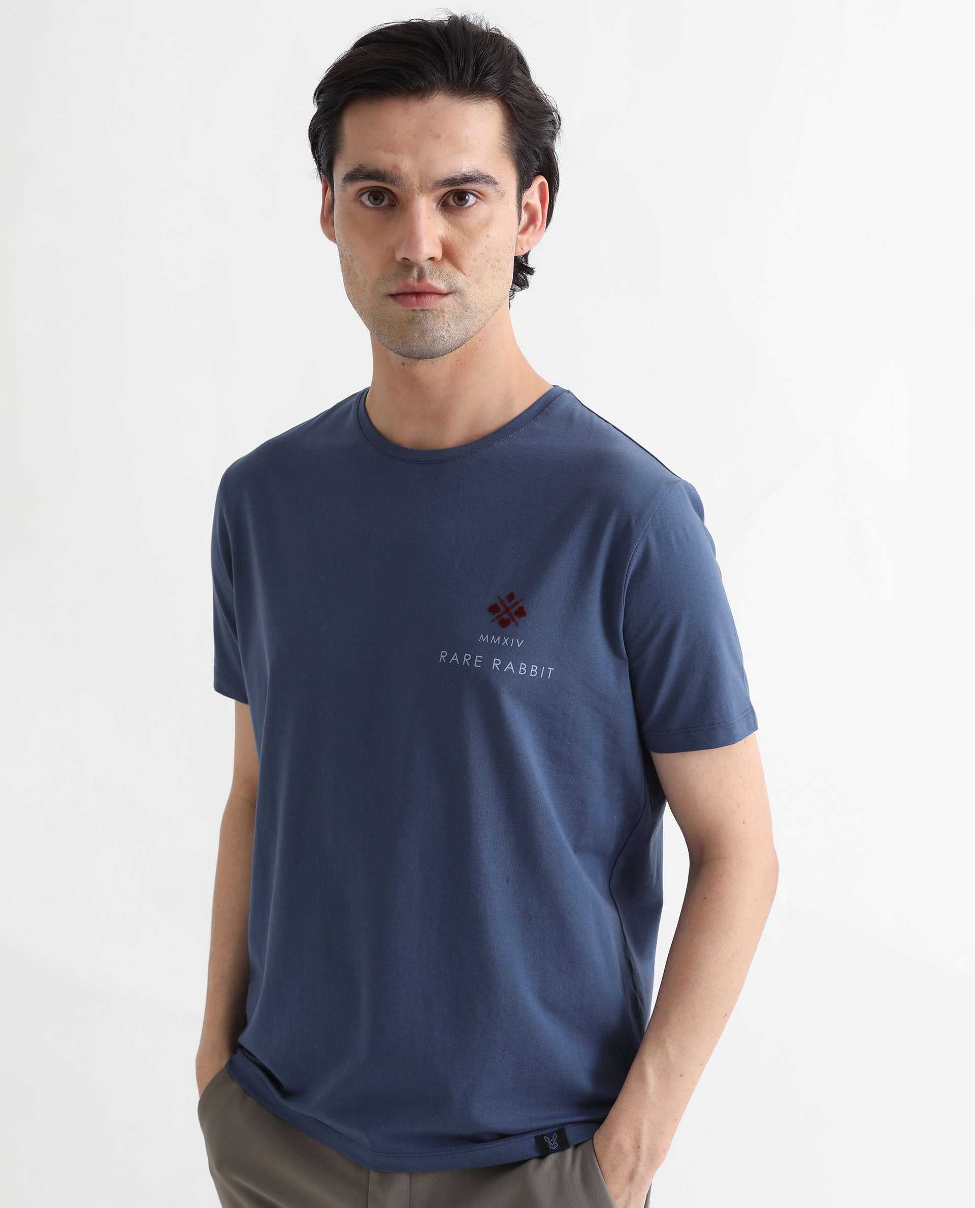 Rare Rabbit Men's Castel Blue Crew Neck Graphic Print Branded Half Sleeves T-Shirt
