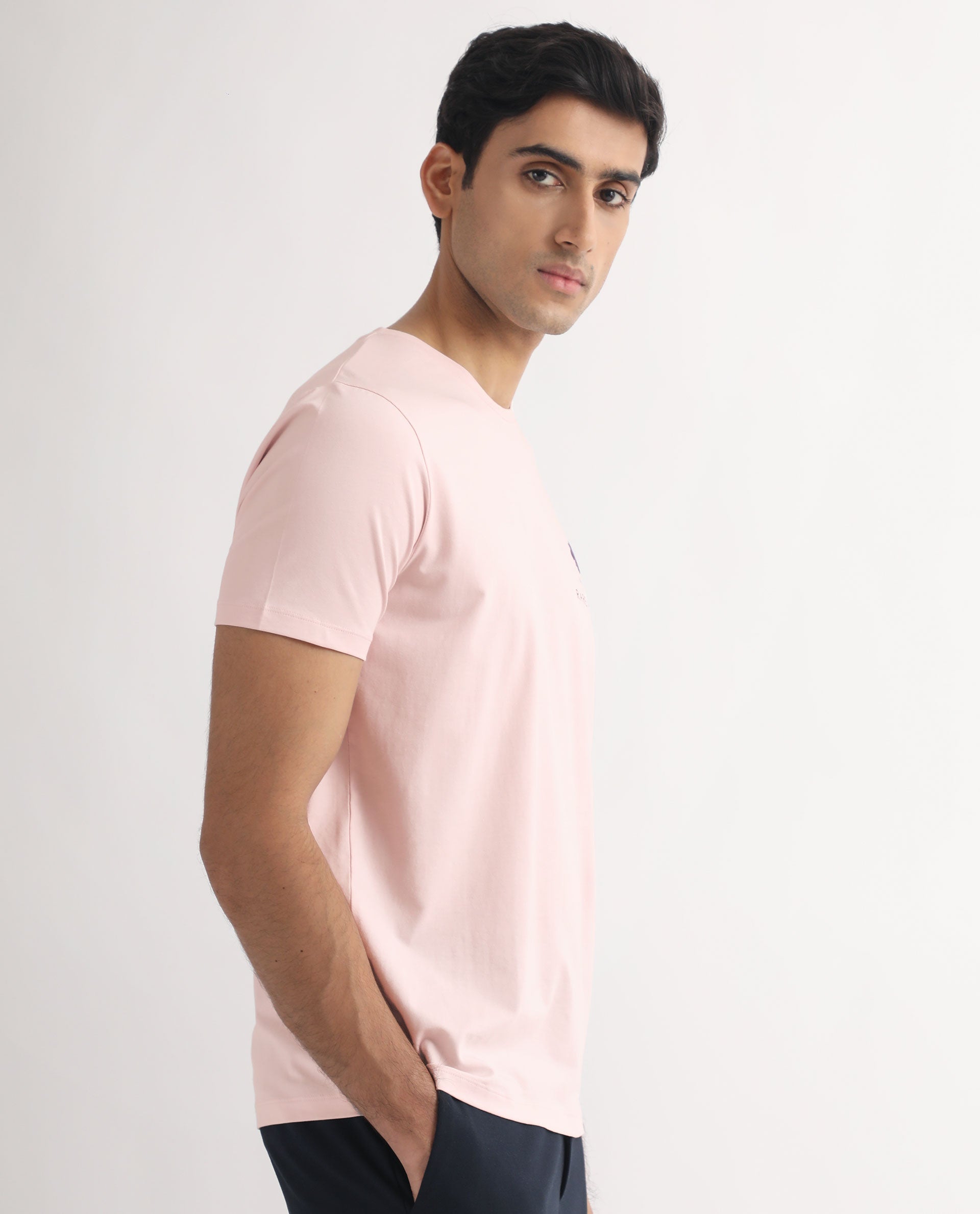 Rare Rabbit Men's Castel Light Pink Crew Neck Graphic Print Branded Half Sleeves T-Shirt