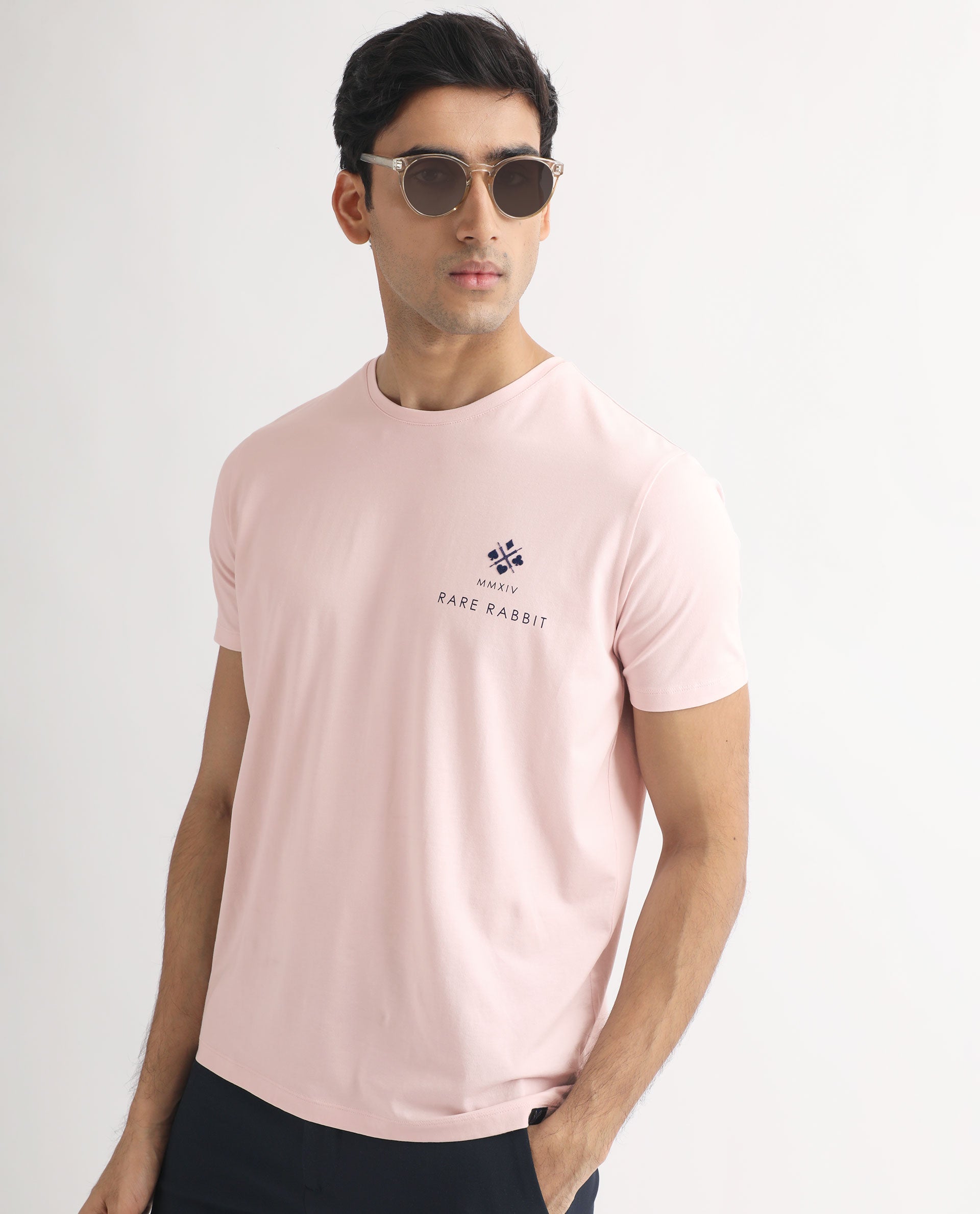 Rare Rabbit Men's Castel Light Pink Crew Neck Graphic Print Branded Half Sleeves T-Shirt