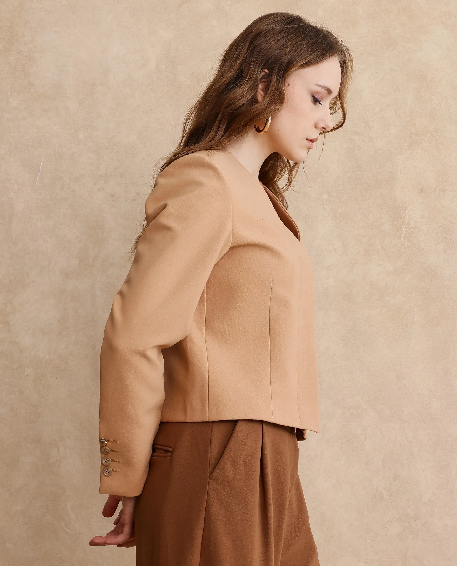 Rareism Women Castlei Beige Full Sleeve V-Neck Button Closure Plain Jacket