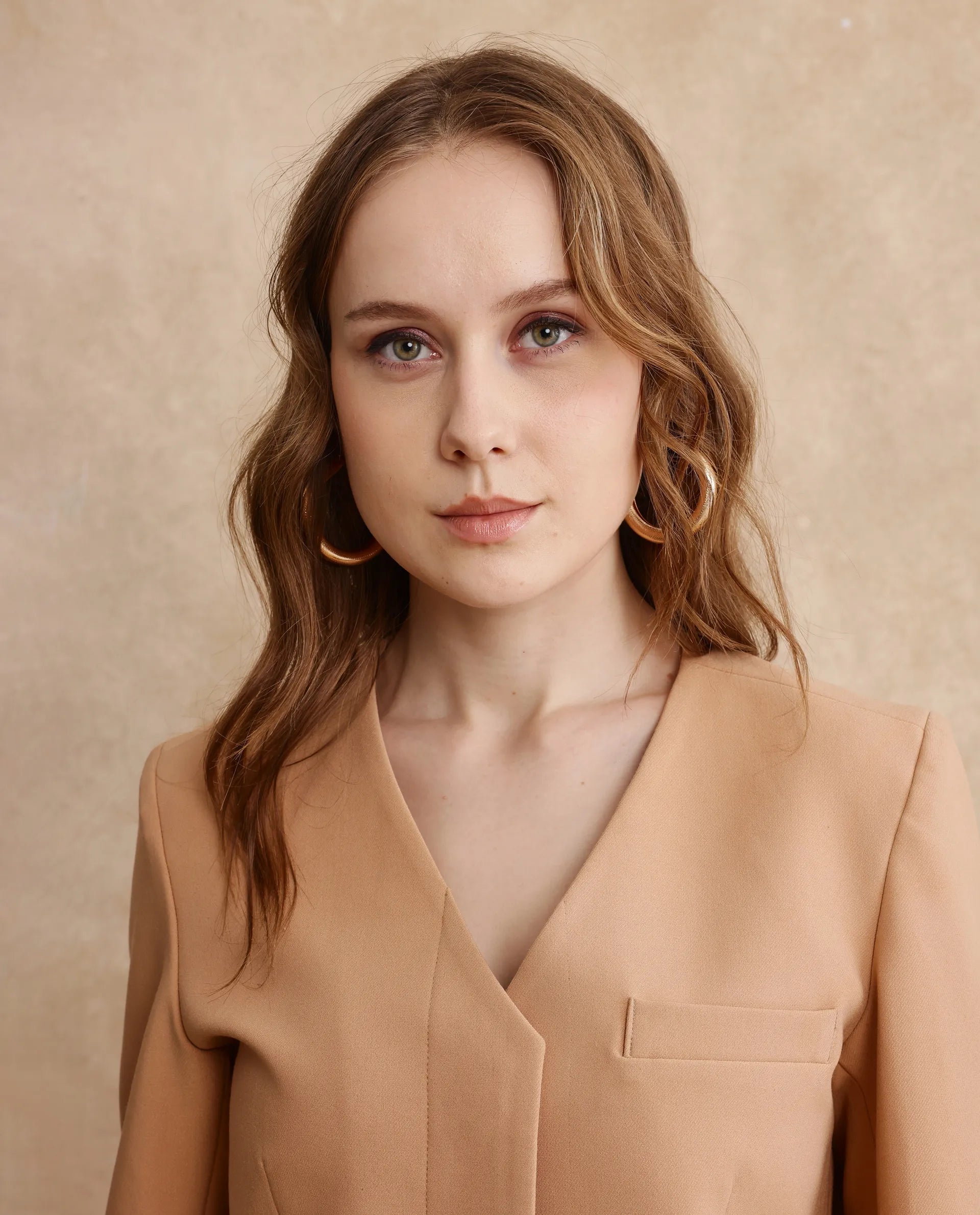 Rareism Women Castlei Beige Full Sleeve V-Neck Button Closure Plain Jacket