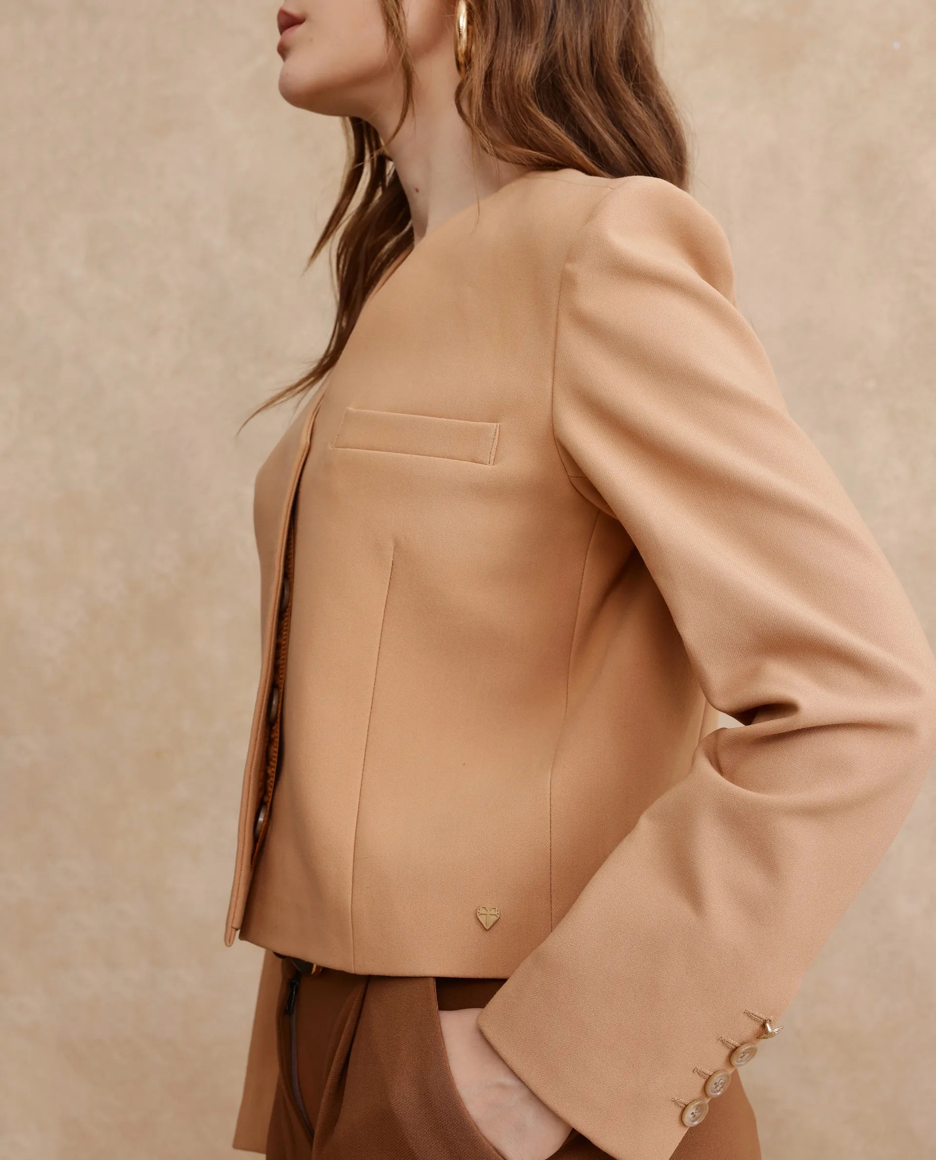 Rareism Women Castlei Beige Full Sleeve V-Neck Button Closure Plain Jacket