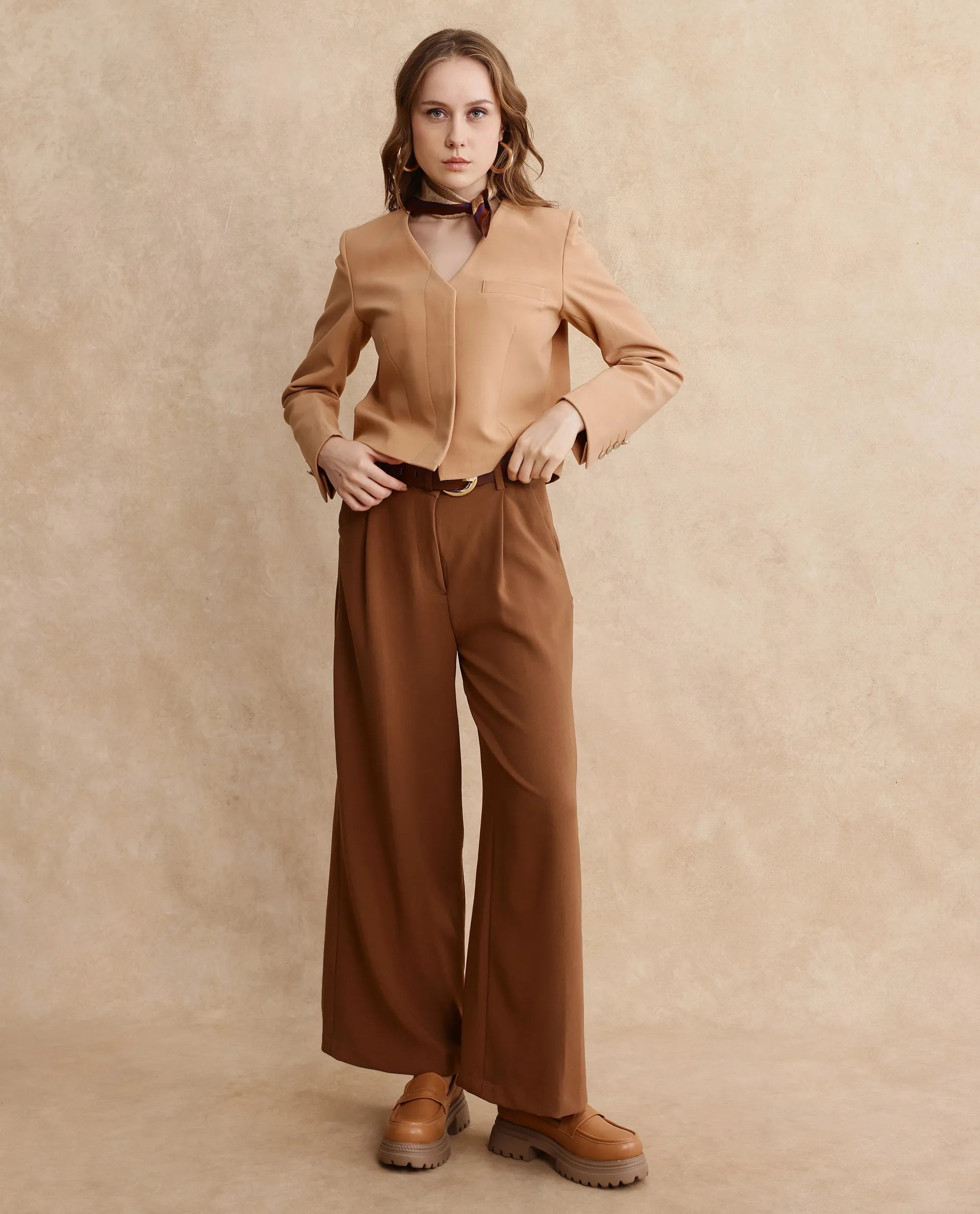 Rareism Women Castlei Beige Full Sleeve V-Neck Button Closure Plain Jacket