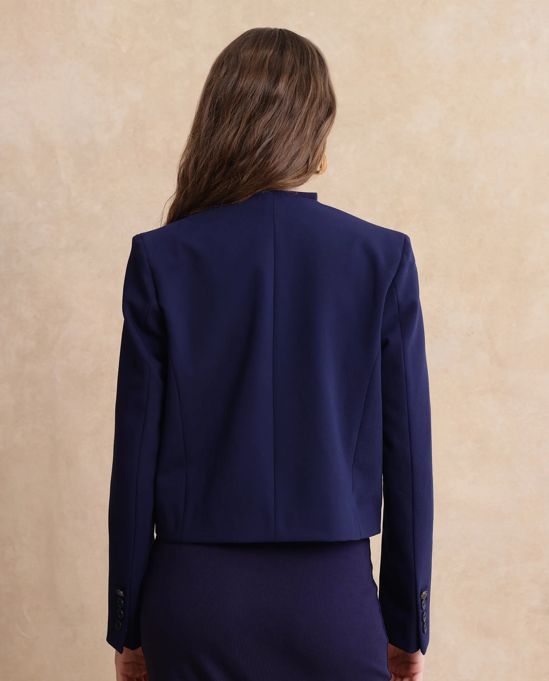 Rareism Women Castlei Dark Navy Full Sleeve V-Neck Button Closure Plain Jacket